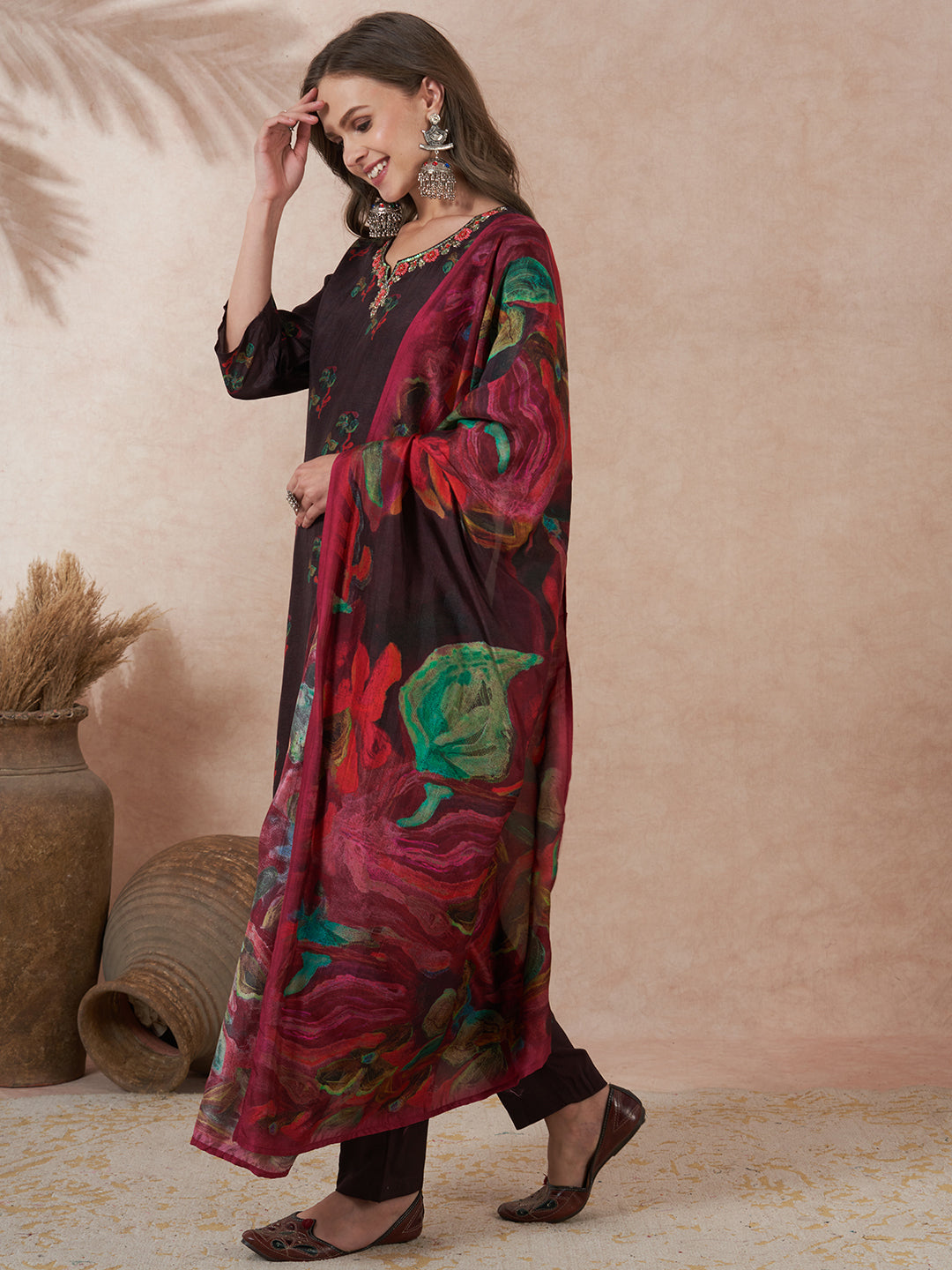 Floral Printed Embroidered Straight Fit Kurta with Pant and Abstract Printed Dupatta - Dark Brown