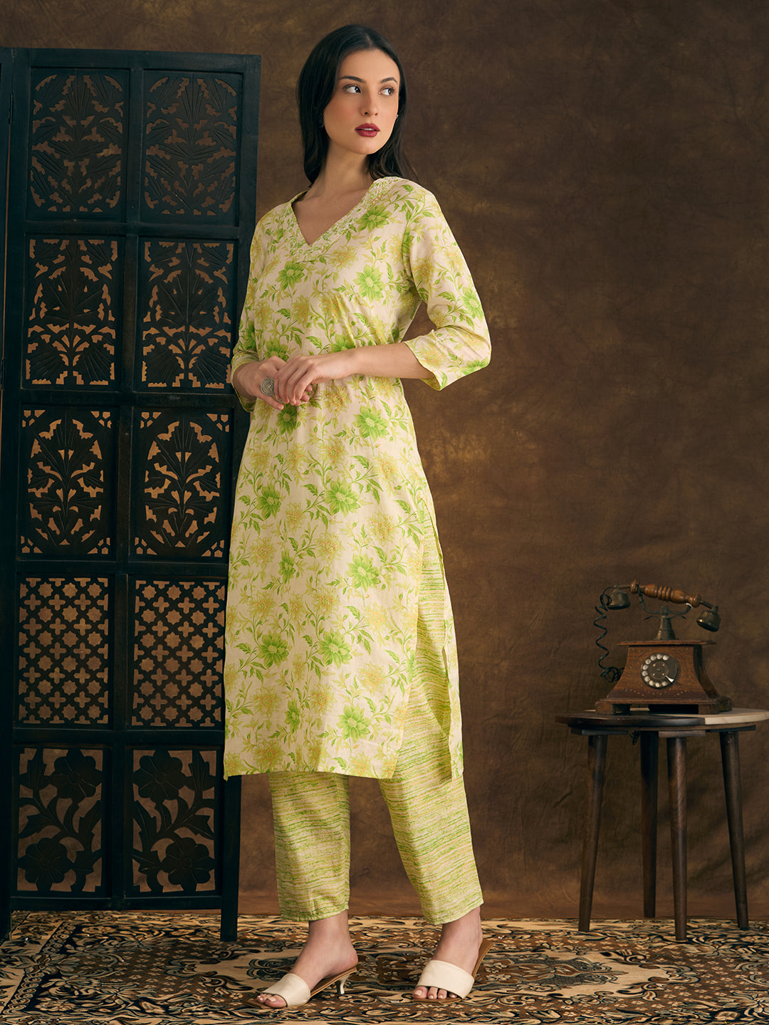 Floral Printed & Mirror Embroidered Straight Kurta with Pant - Green