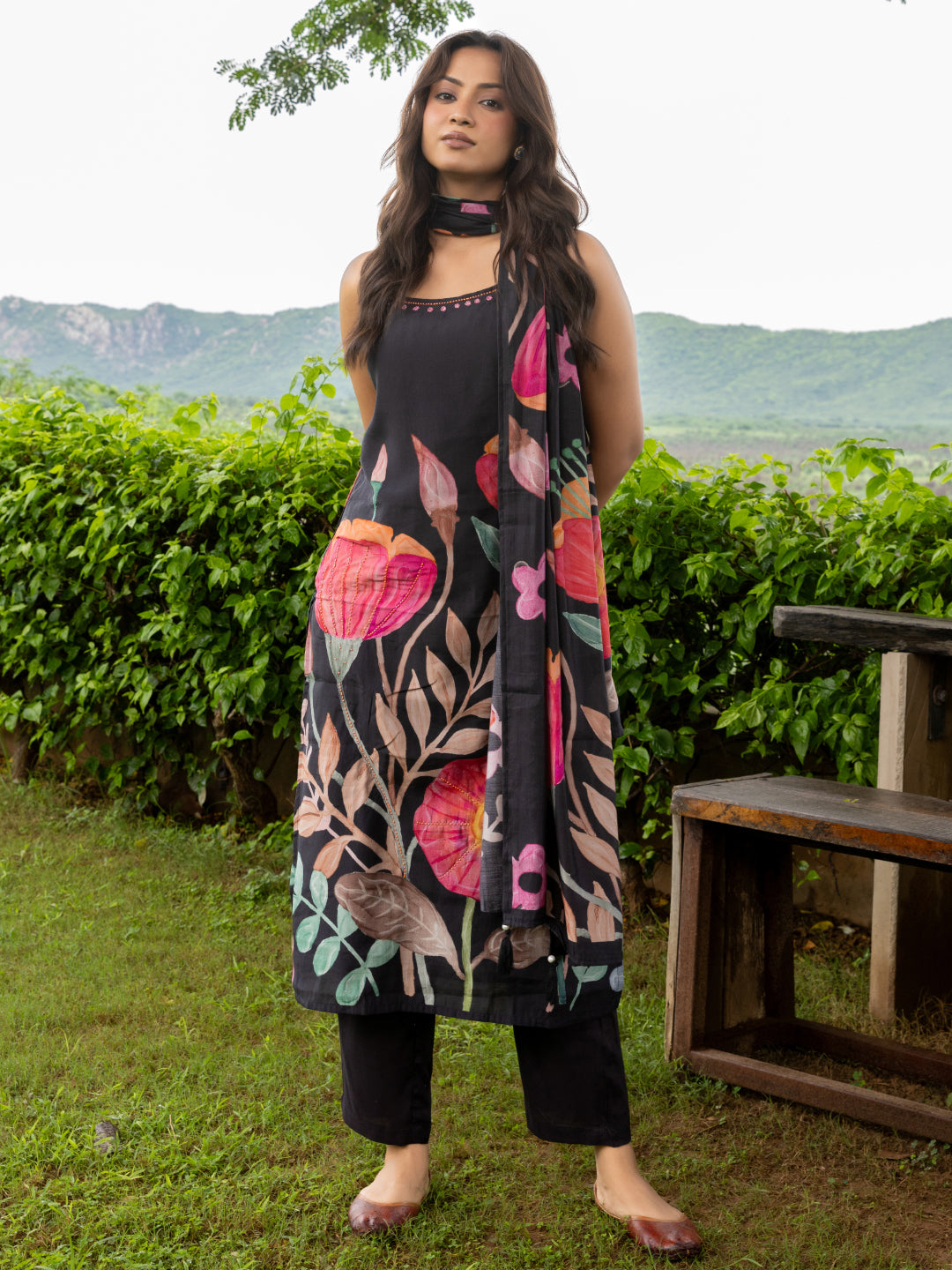 Abstract Floral Printed & Embroidered Straight Fit Kurta with Pant & Dupatta - Black
