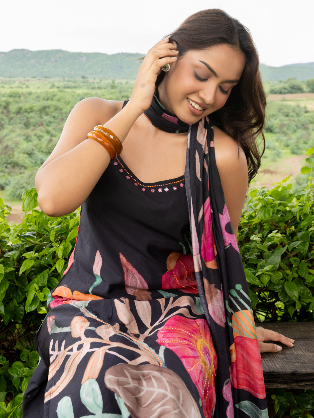 Abstract Floral Printed & Embroidered Straight Fit Kurta with Pant & Dupatta - Black