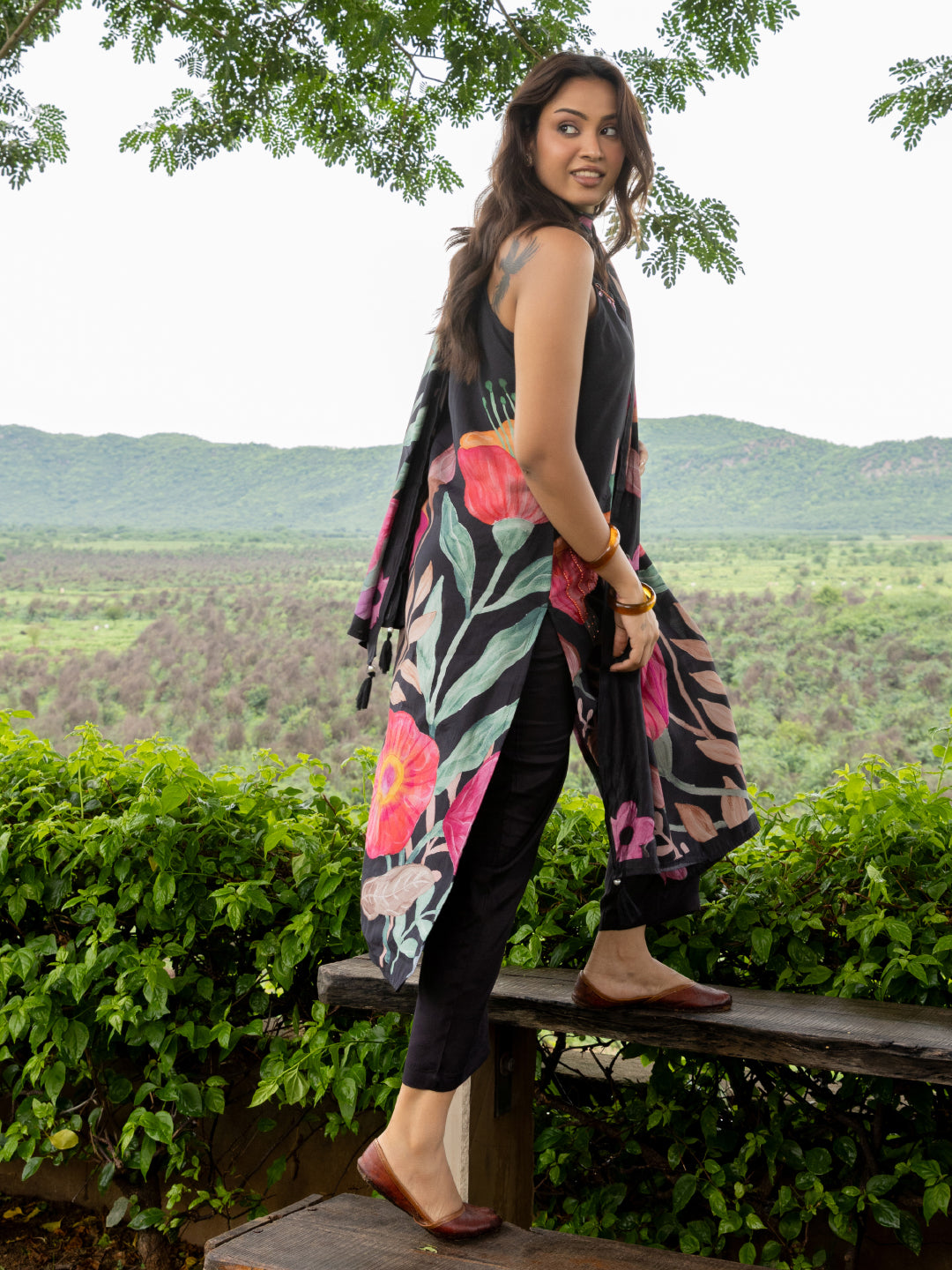 Abstract Floral Printed & Embroidered Straight Fit Kurta with Pant & Dupatta - Black