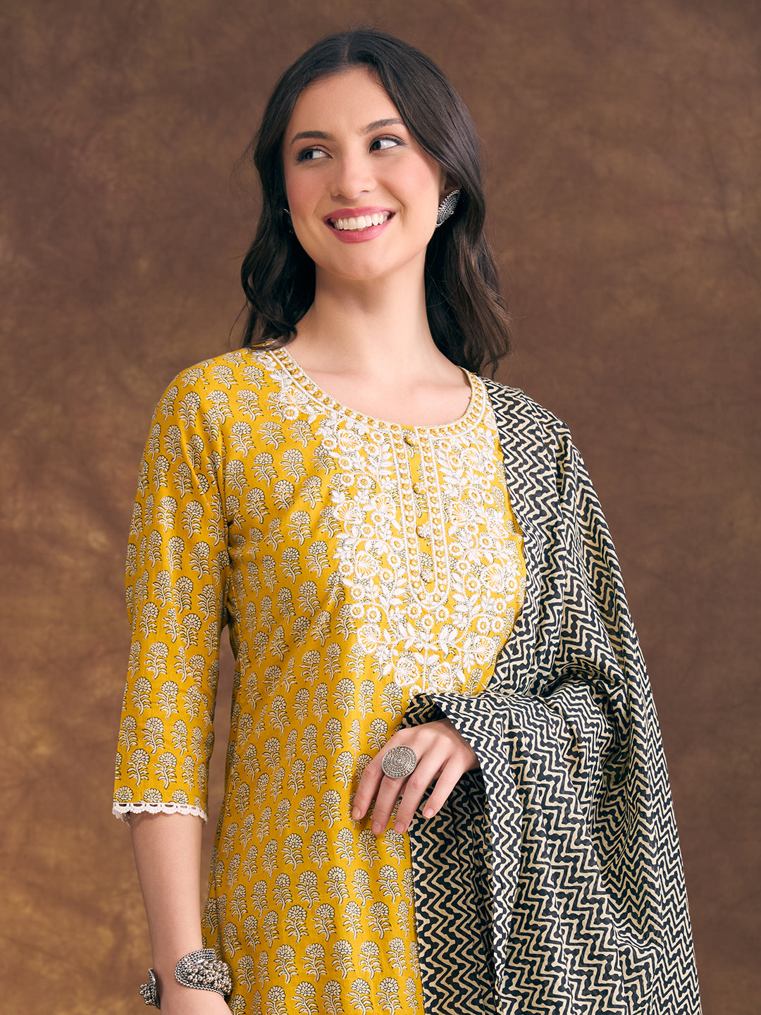 Ethnic Floral Printed Embroidered Straight Fit Kurta with Pant and Dupatta - Yellow