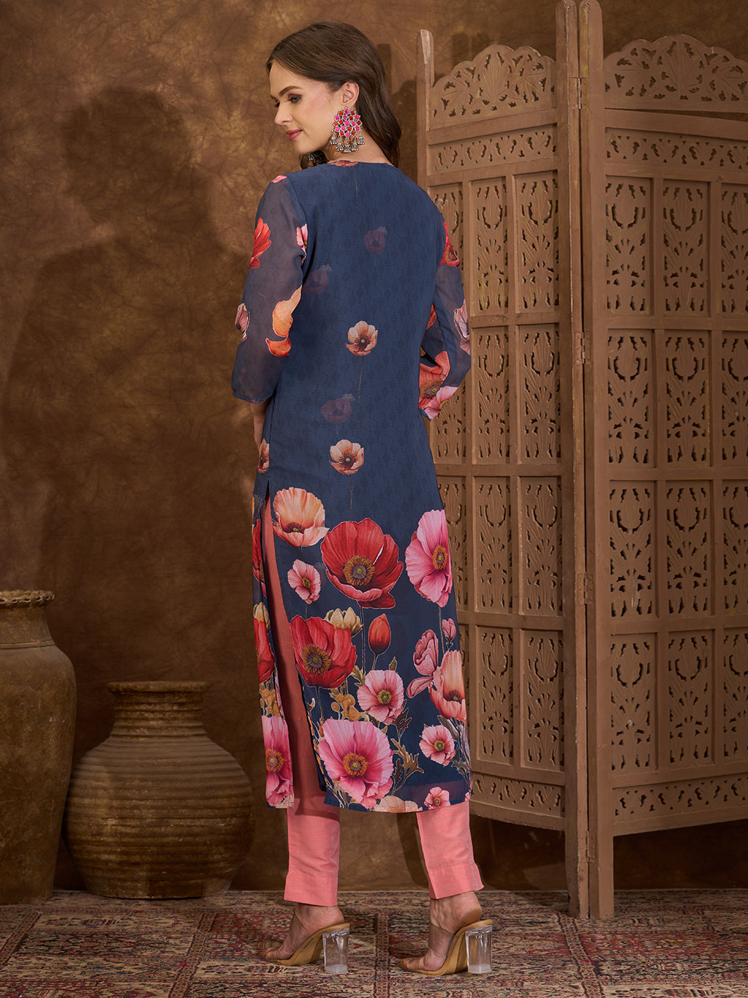 Abstract Floral Printed Straight Fit Georgette Kurta - Blue