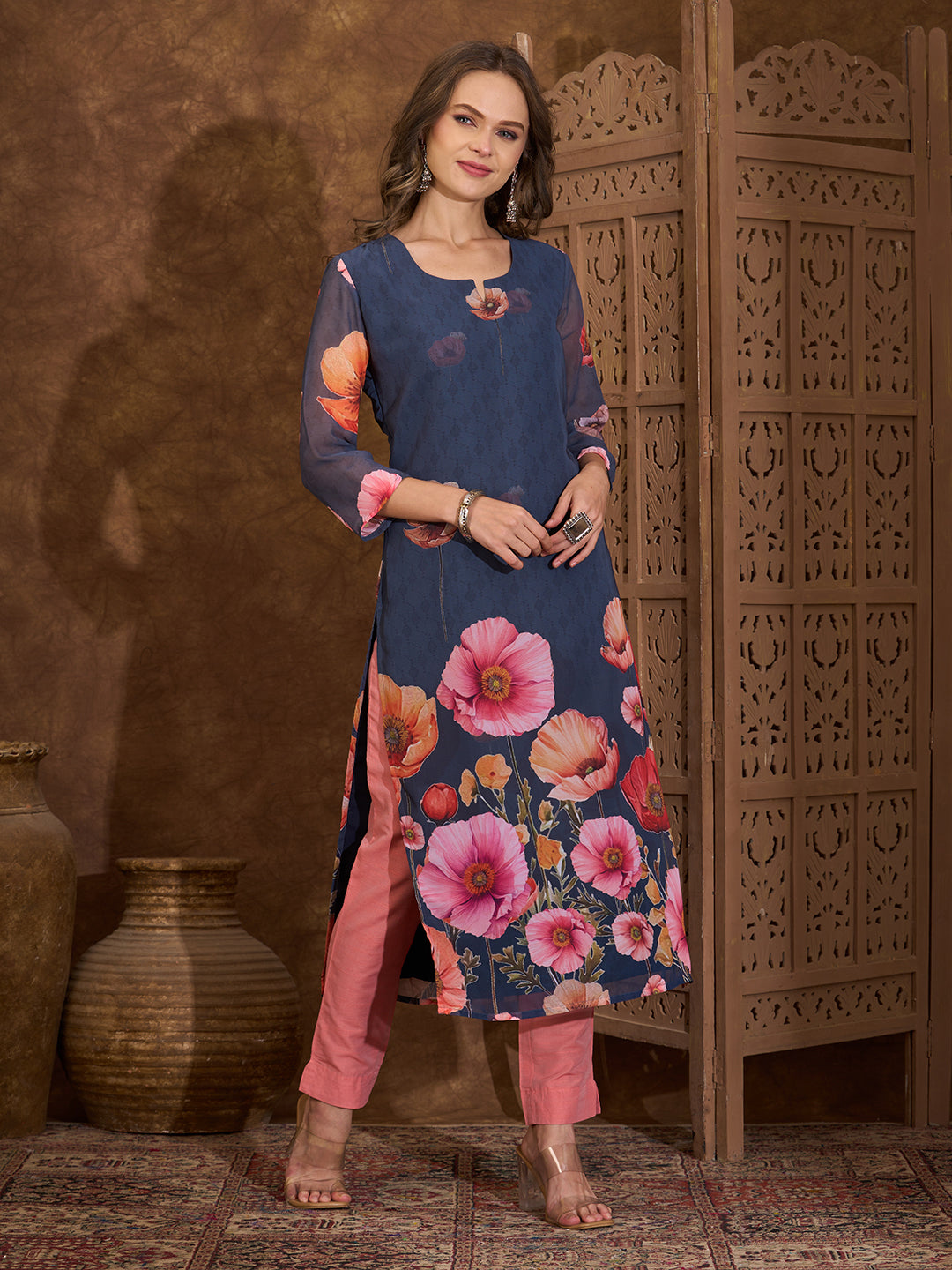Abstract Floral Printed Straight Fit Georgette Kurta - Blue