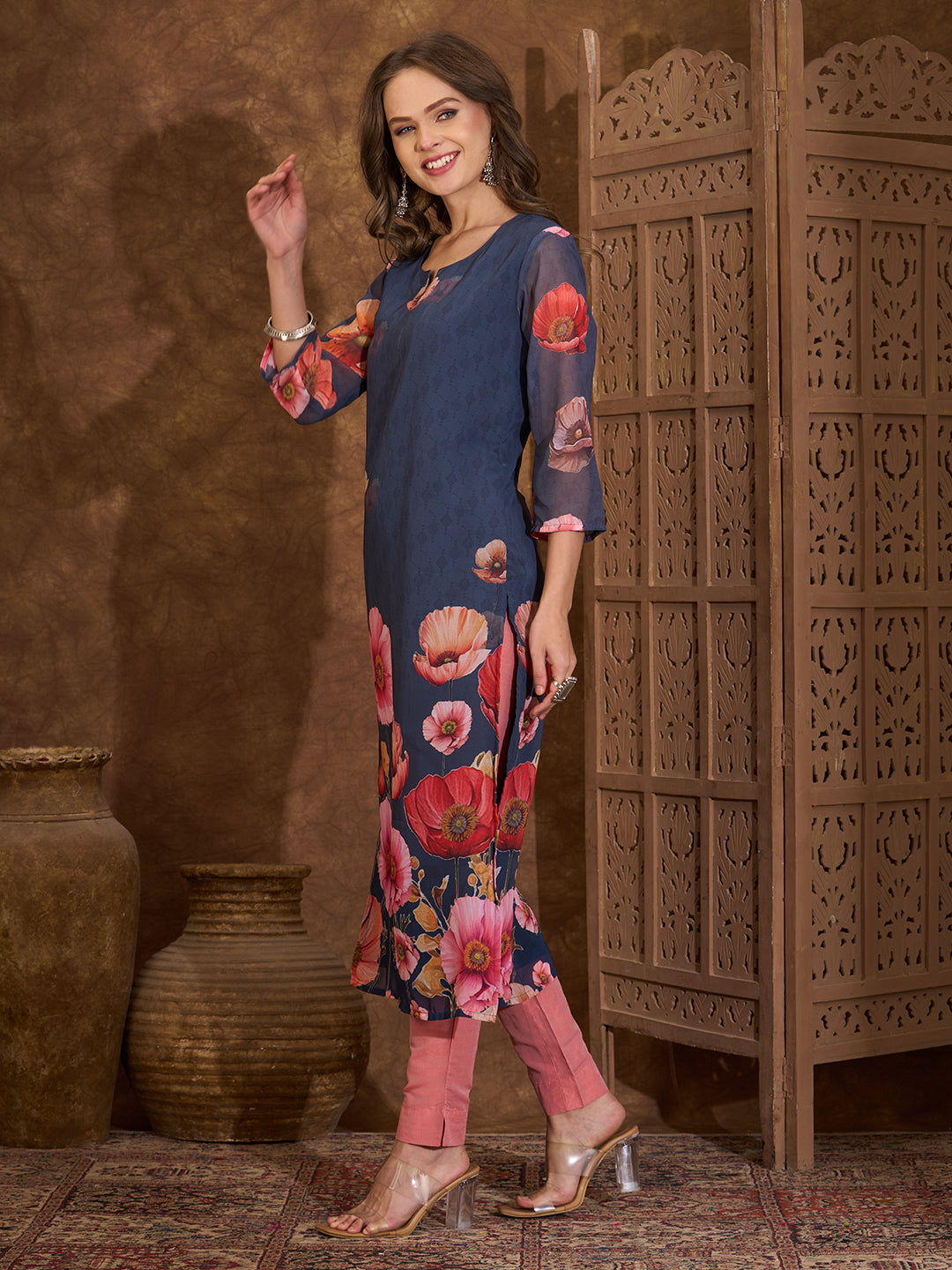 Abstract Floral Printed Straight Fit Georgette Kurta - Blue