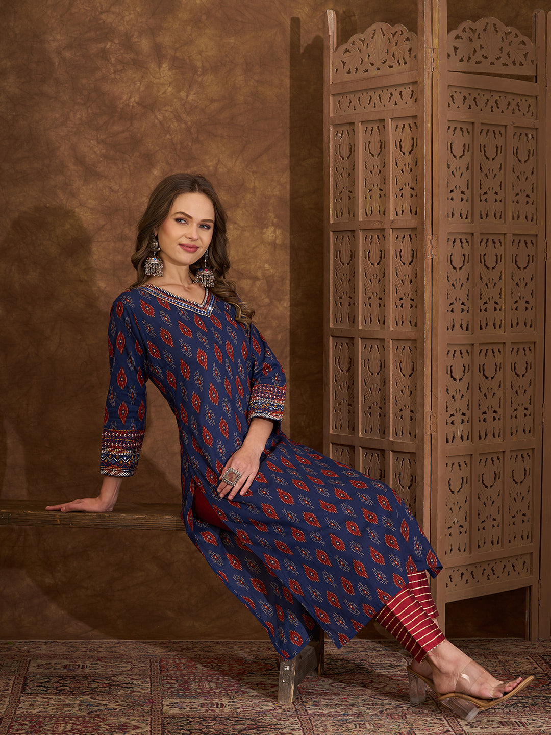 Ethnic Ikat Printed Kantha Embroidered Straight Cut Kurta - Blue