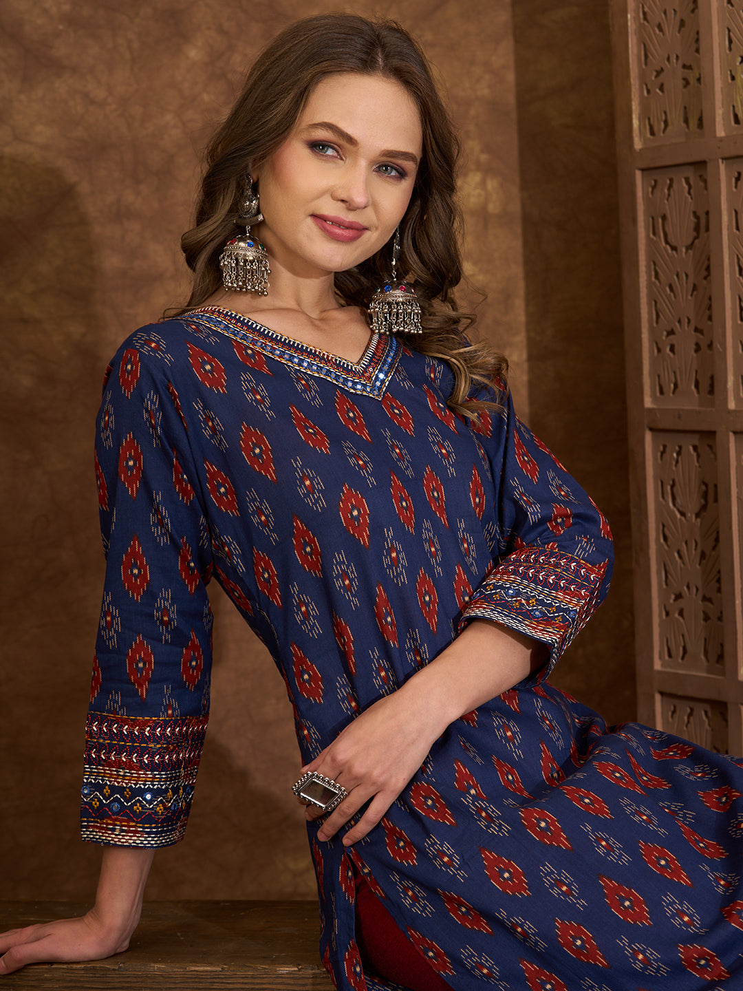 Ethnic Ikat Printed Kantha Embroidered Straight Cut Kurta - Blue