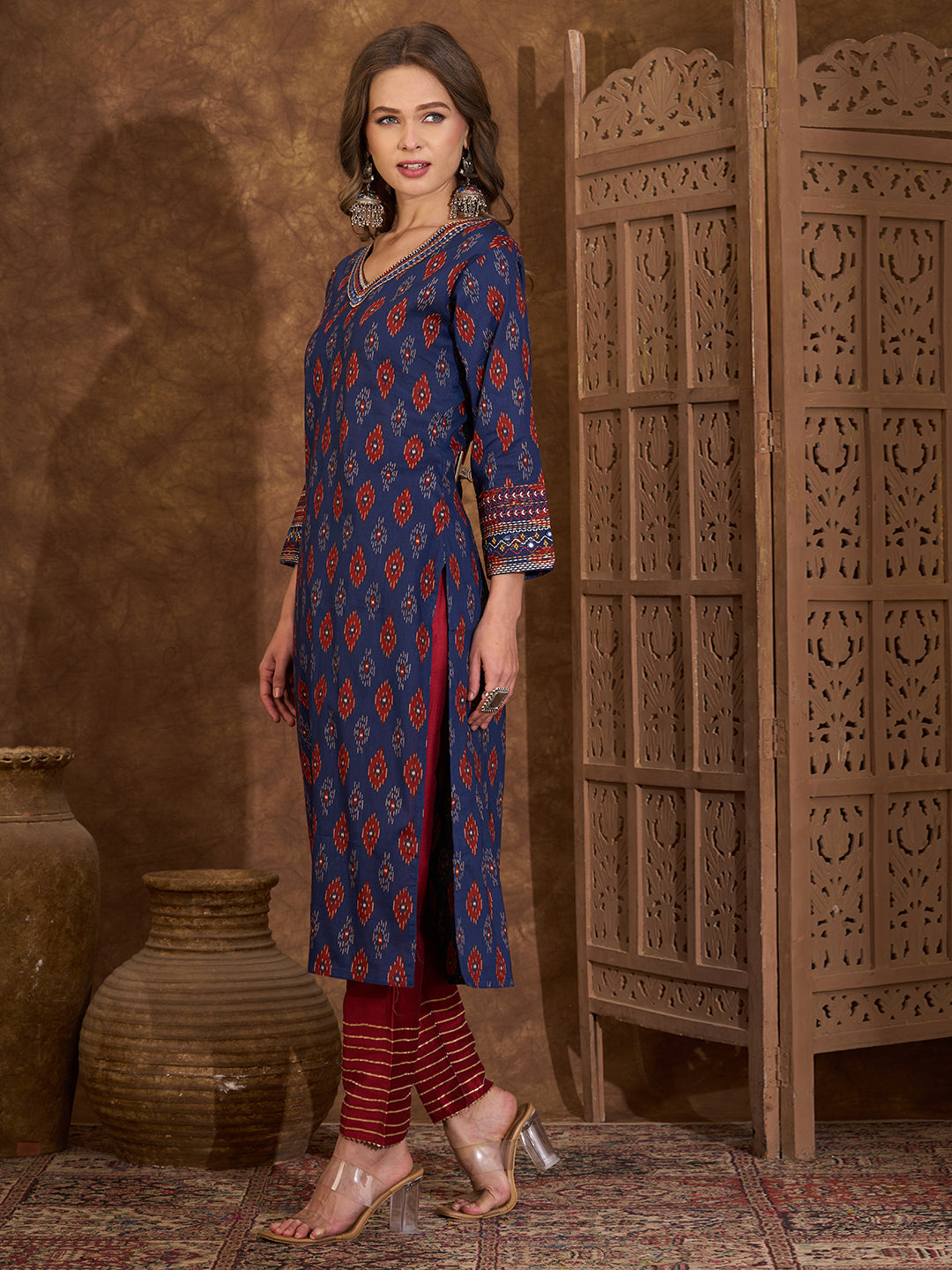Ethnic Ikat Printed Kantha Embroidered Straight Cut Kurta - Blue