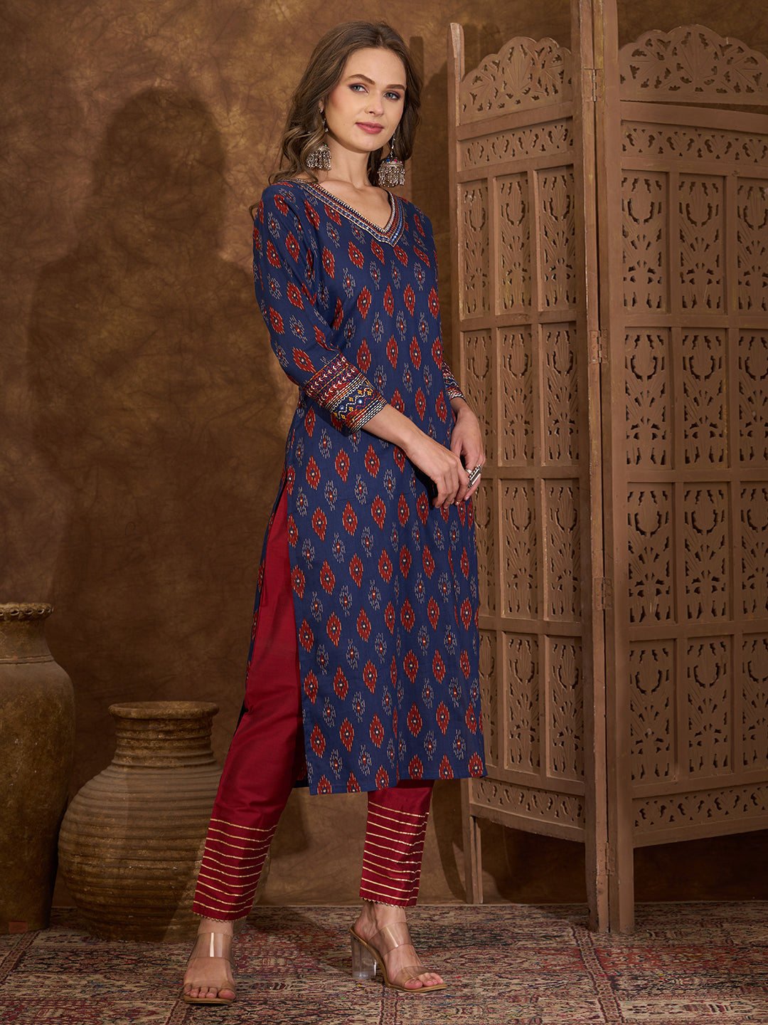 Ethnic Ikat Printed Kantha Embroidered Straight Cut Kurta - Blue