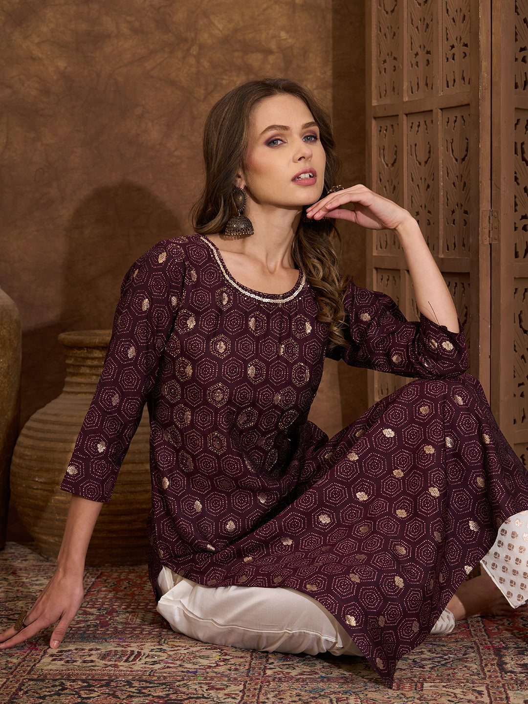 Floral Foil Printed & Embroidered Straight Fit Kurta - Burgundy