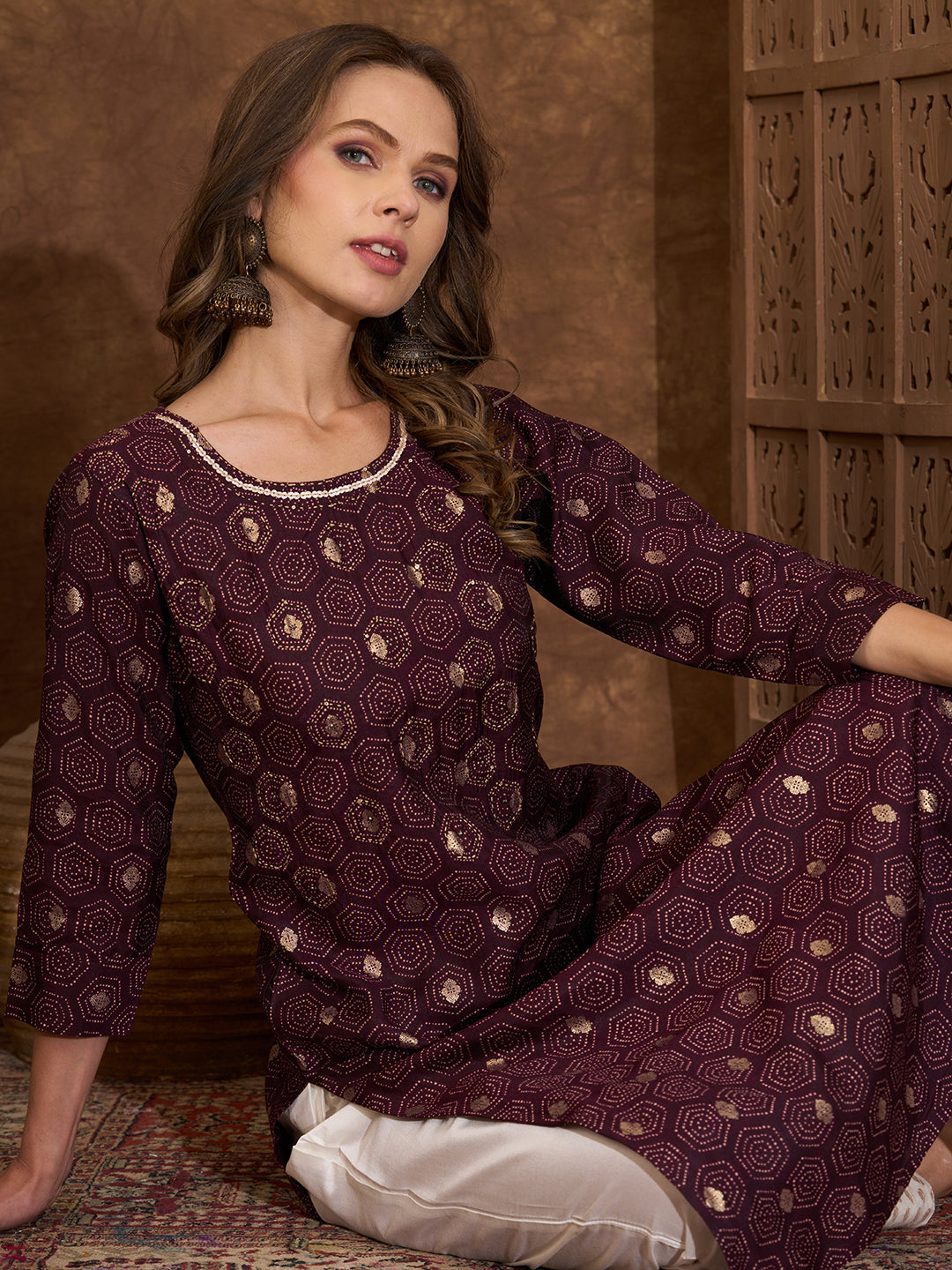 Floral Foil Printed & Embroidered Straight Fit Kurta - Burgundy
