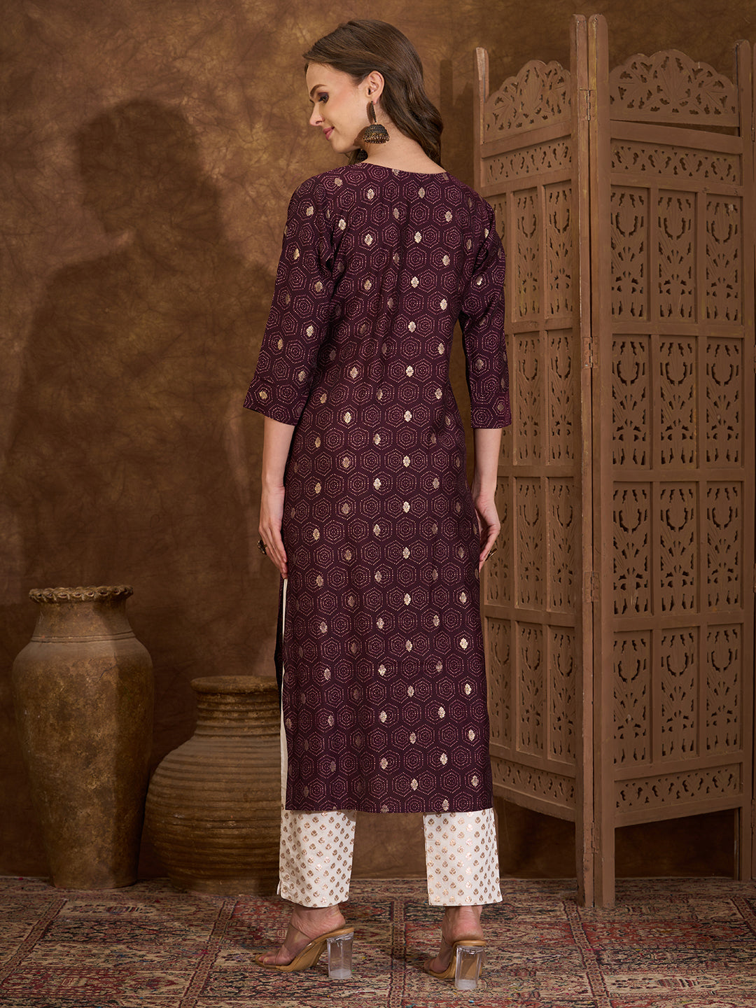 Floral Foil Printed & Embroidered Straight Fit Kurta - Burgundy