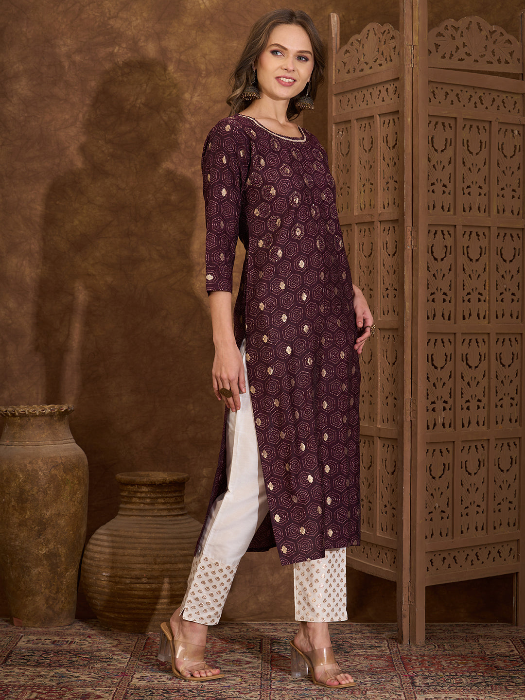 Floral Foil Printed & Embroidered Straight Fit Kurta - Burgundy