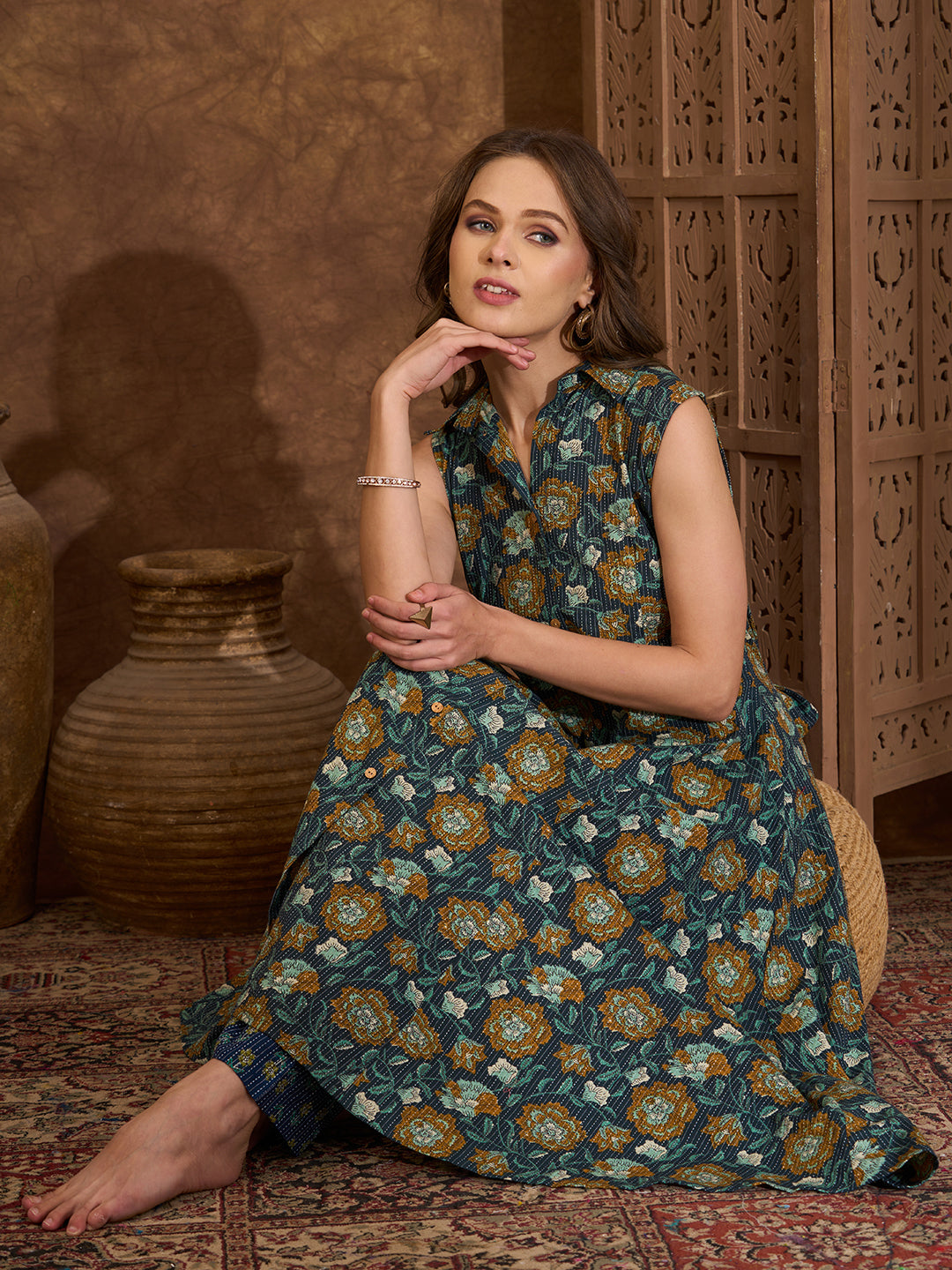 Ethnic Floral Printed A-Line Paneled Kurta with Palazzo - Blue