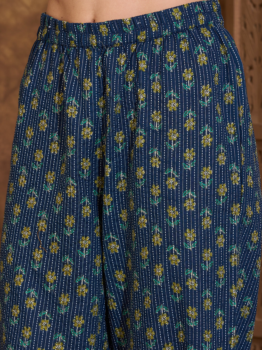 Ethnic Floral Printed A-Line Paneled Kurta with Palazzo - Blue