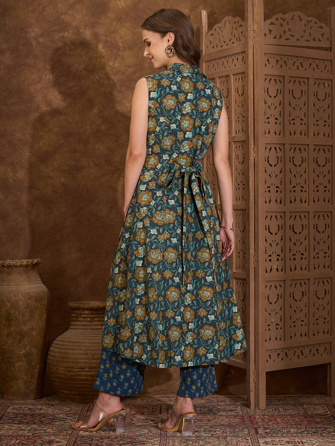 Ethnic Floral Printed A-Line Paneled Kurta with Palazzo - Blue