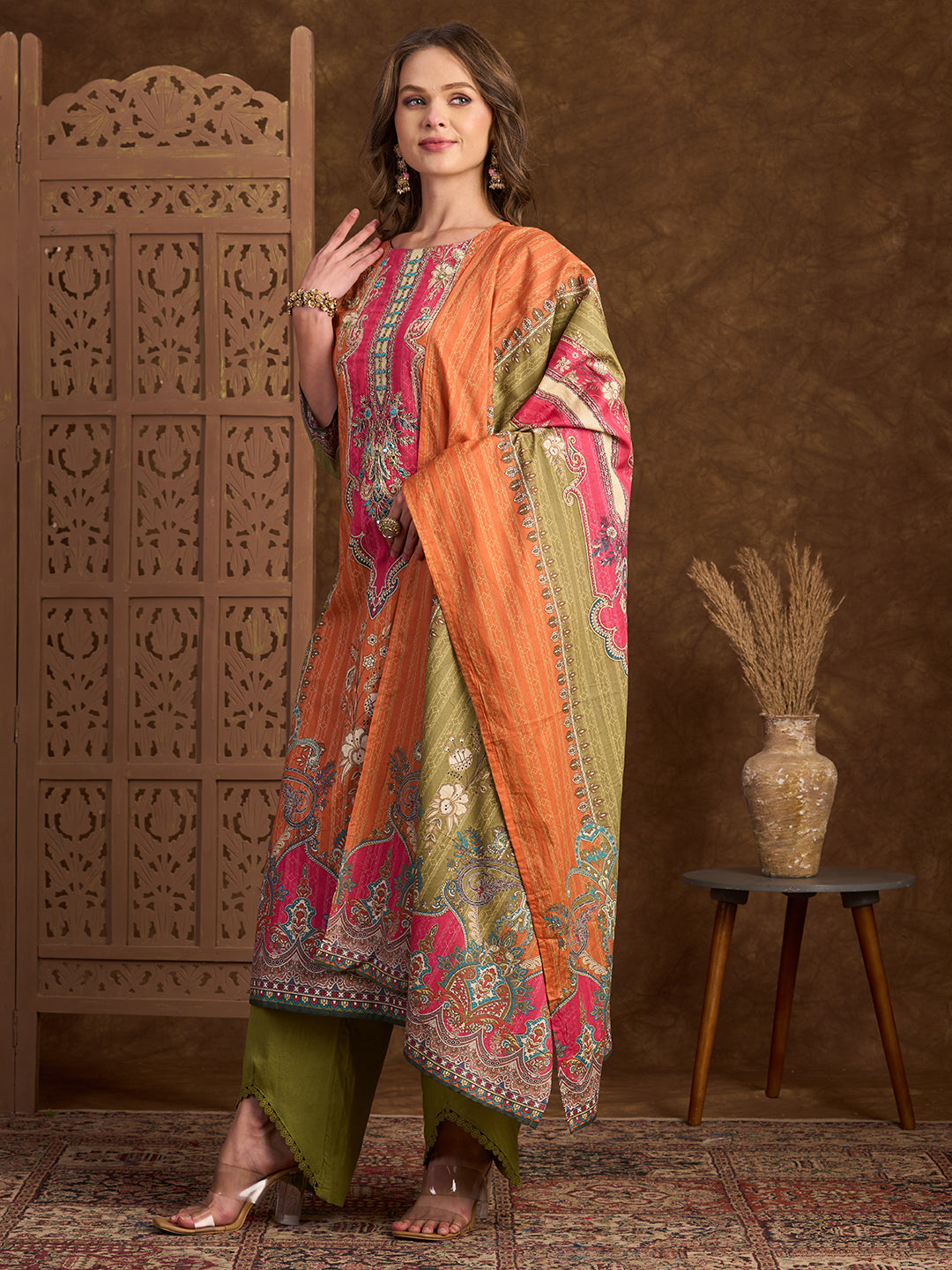 Ethnic Printed & Dori Embroidered Straight Fit Kurta with Pant and Dupatta - Green