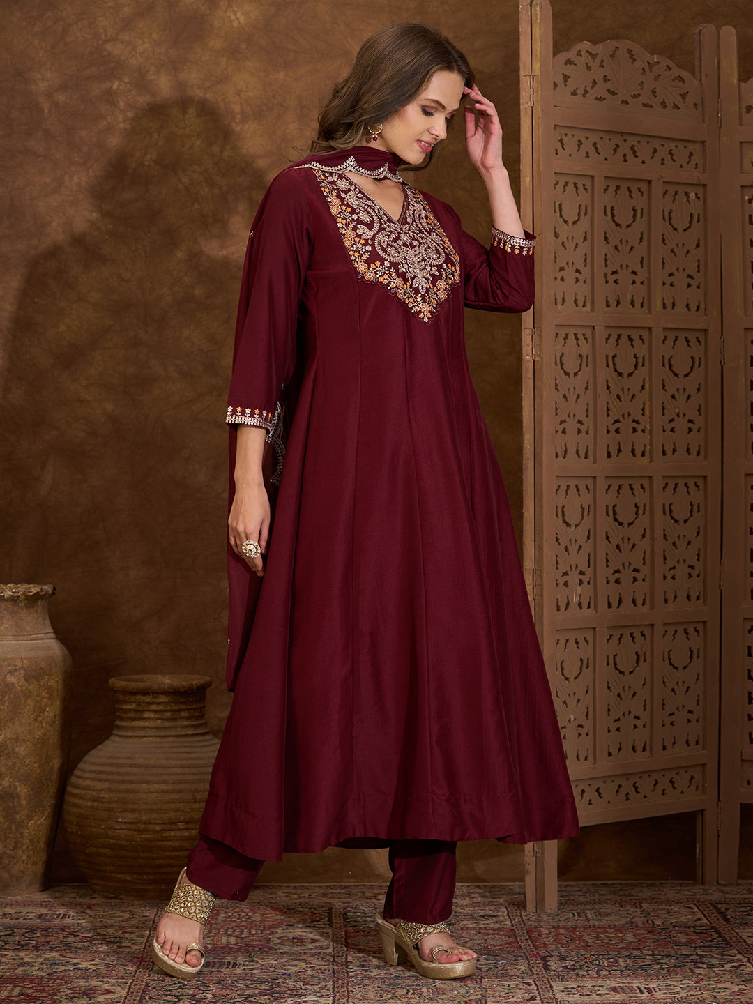 Solid Ethnic Embroidered Anarkali Flared Kurta with Pant and Dupatta - Maroon