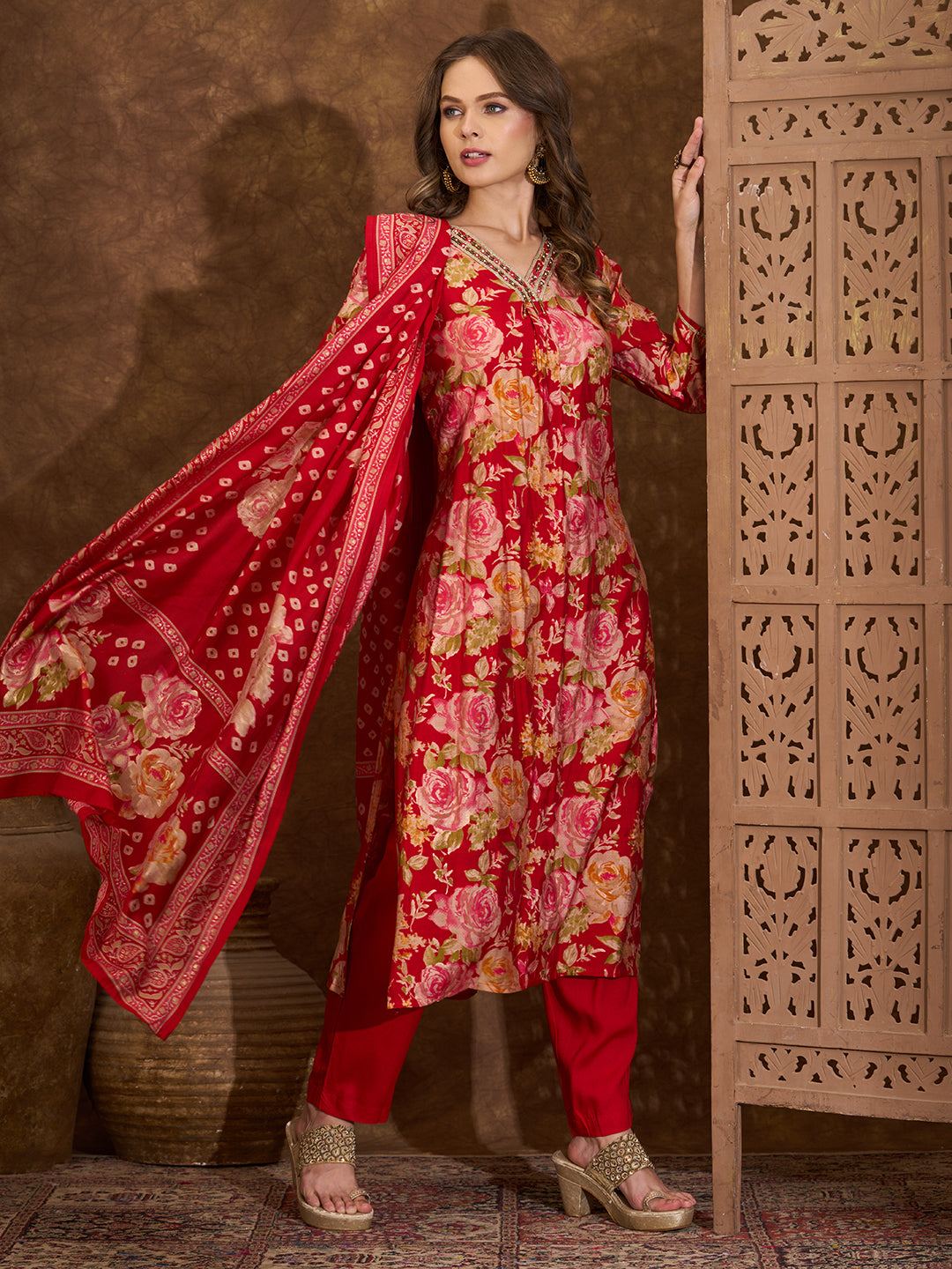 Floral Printed Embroidered A-Line Pleated Kurta with Pant and Printed Dupatta - Red