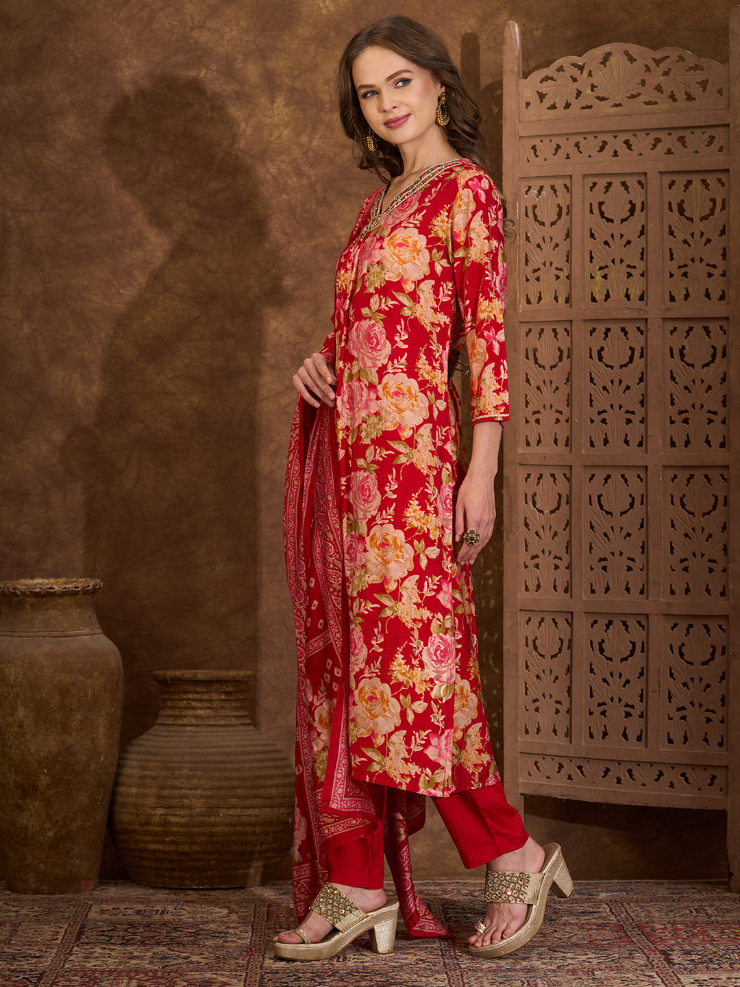 Floral Printed Embroidered A-Line Pleated Kurta with Pant and Printed Dupatta - Red