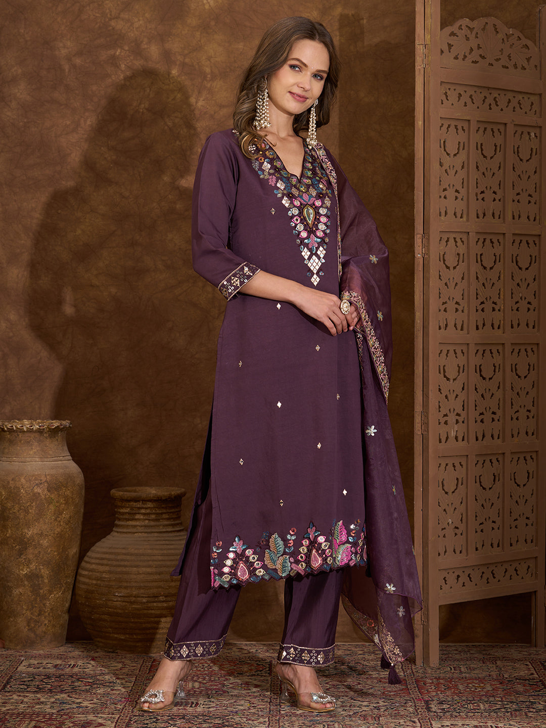 Solid Sequin Embroidered Straight Fit Kurta with Palazzo and Dupatta - Wine
