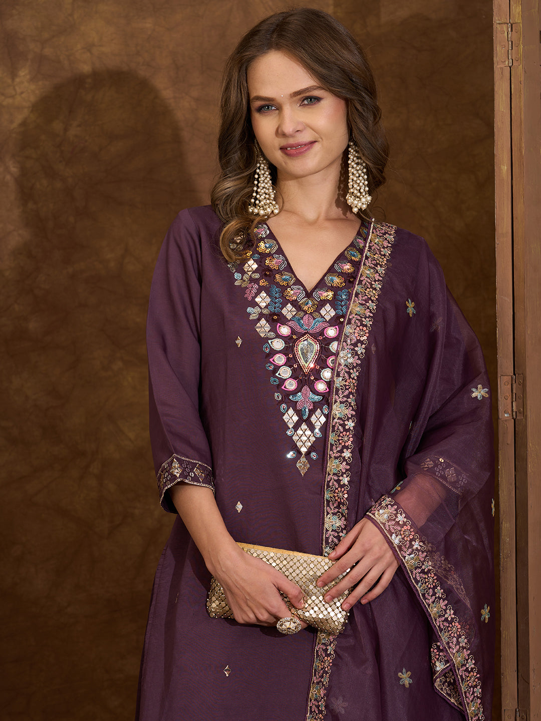 Solid Sequin Embroidered Straight Fit Kurta with Palazzo and Dupatta - Wine