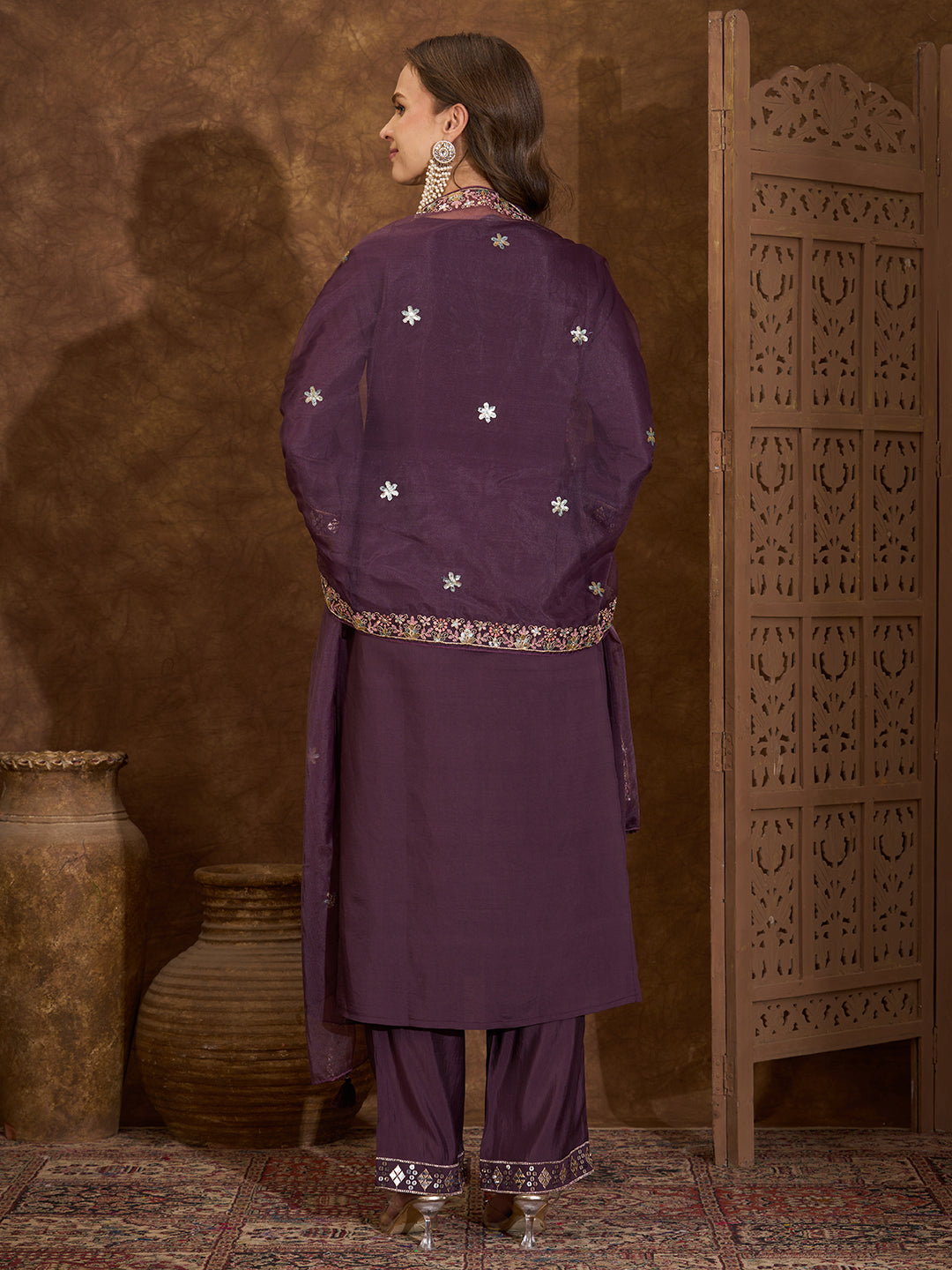 Solid Sequin Embroidered Straight Fit Kurta with Palazzo and Dupatta - Wine