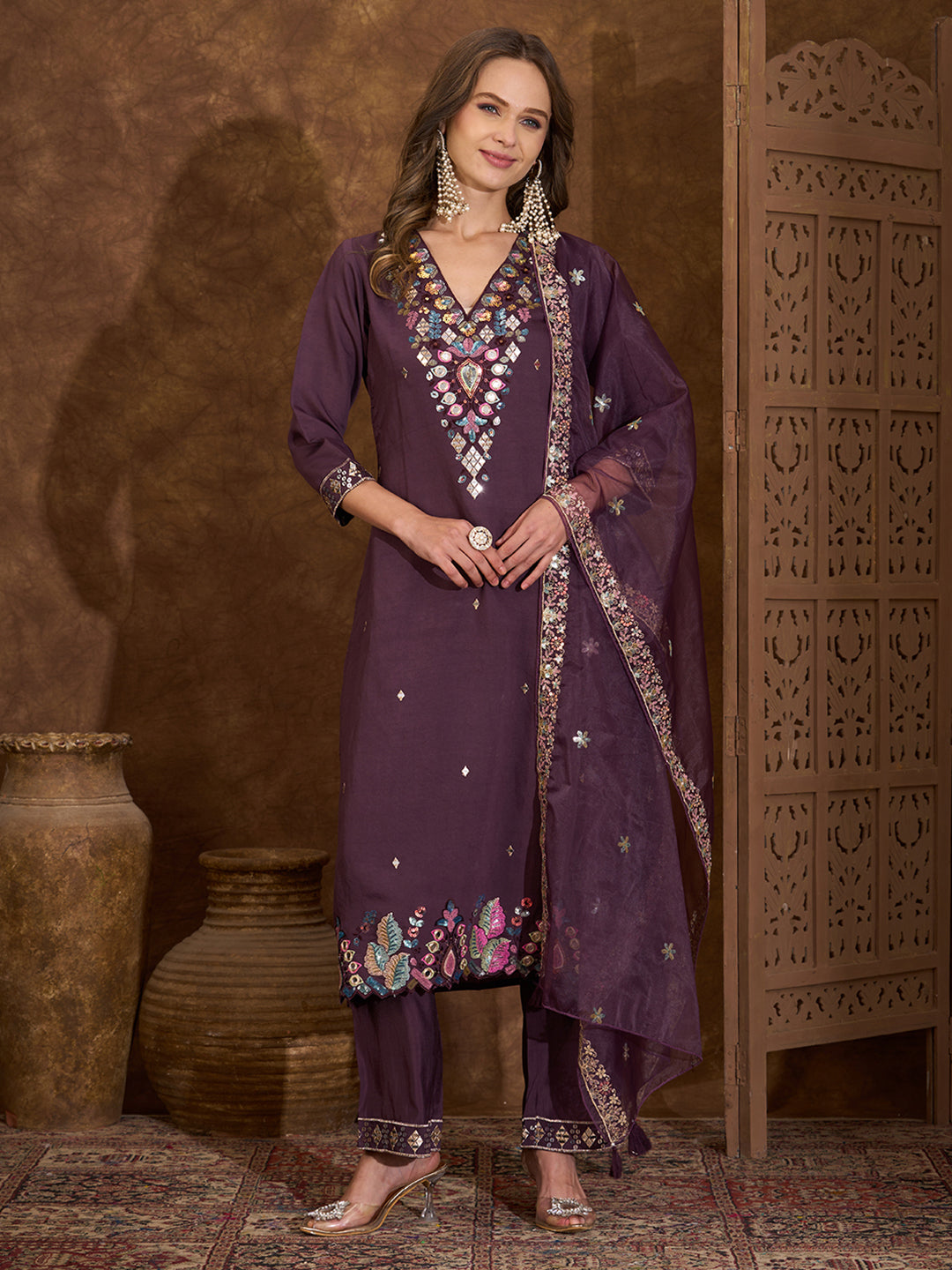 Solid Sequin Embroidered Straight Fit Kurta with Palazzo and Dupatta - Wine