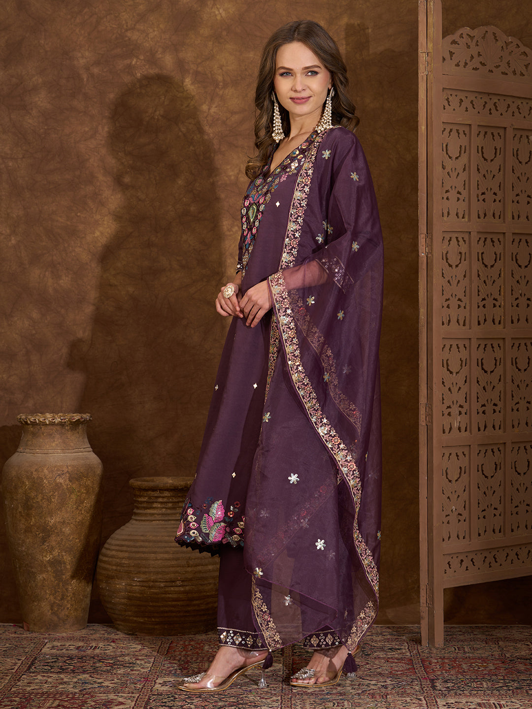 Solid Sequin Embroidered Straight Fit Kurta with Palazzo and Dupatta - Wine