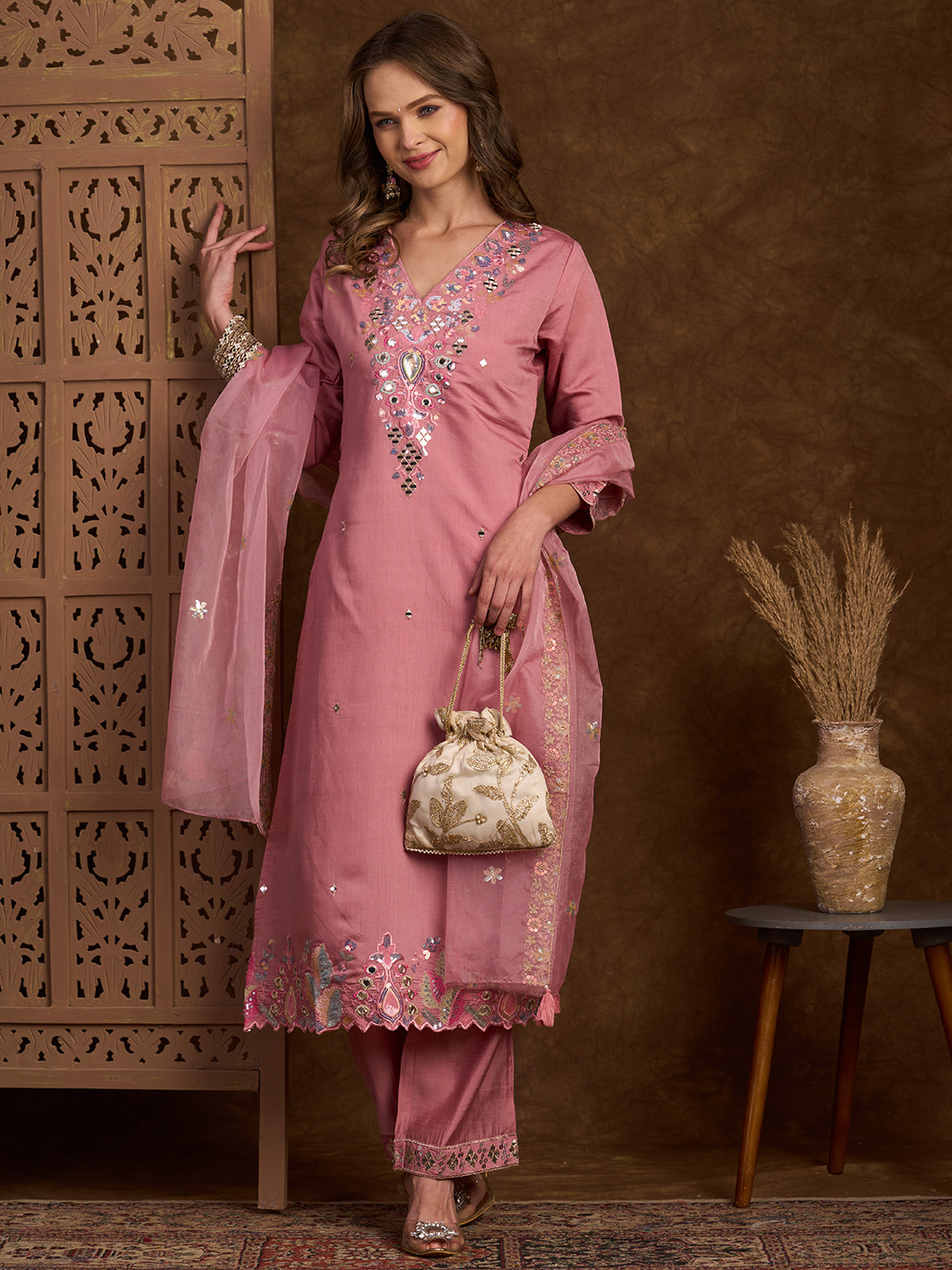 Solid Sequin Embroidered Straight Fit Kurta with Palazzo and Dupatta - Pink