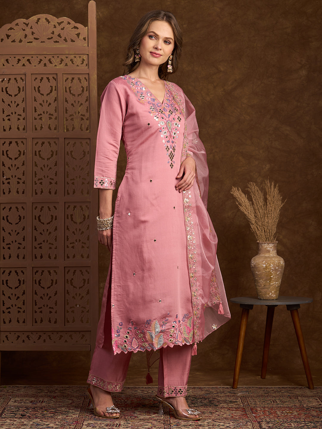 Solid Sequin Embroidered Straight Fit Kurta with Palazzo and Dupatta - Pink