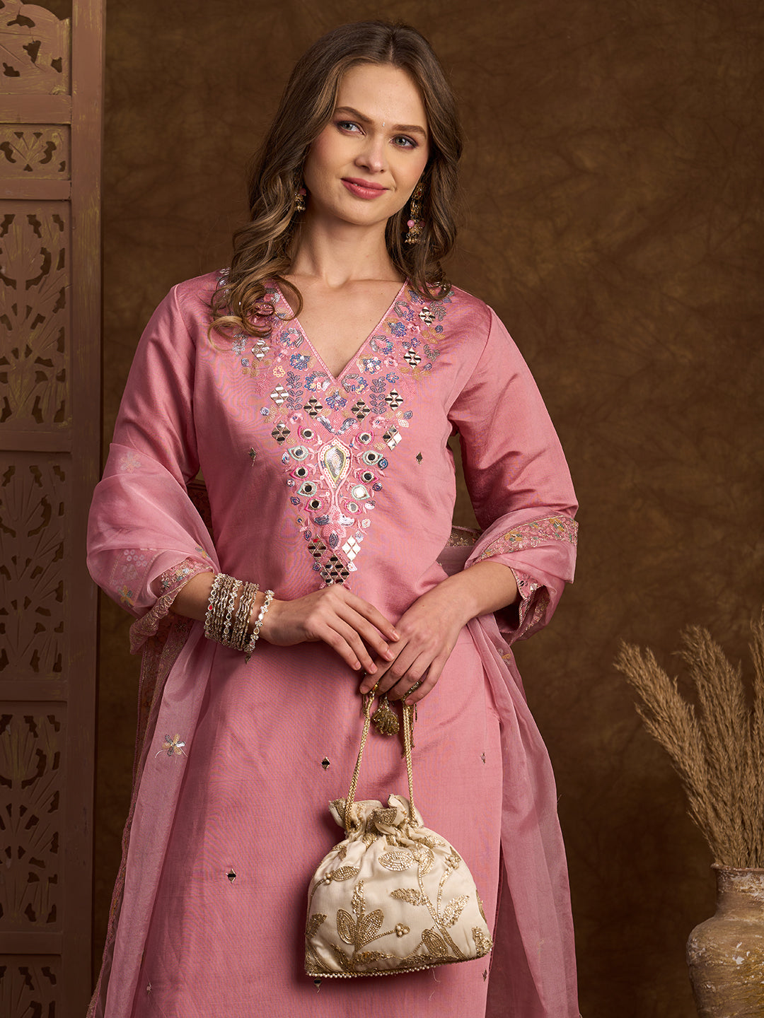 Solid Sequin Embroidered Straight Fit Kurta with Palazzo and Dupatta - Pink