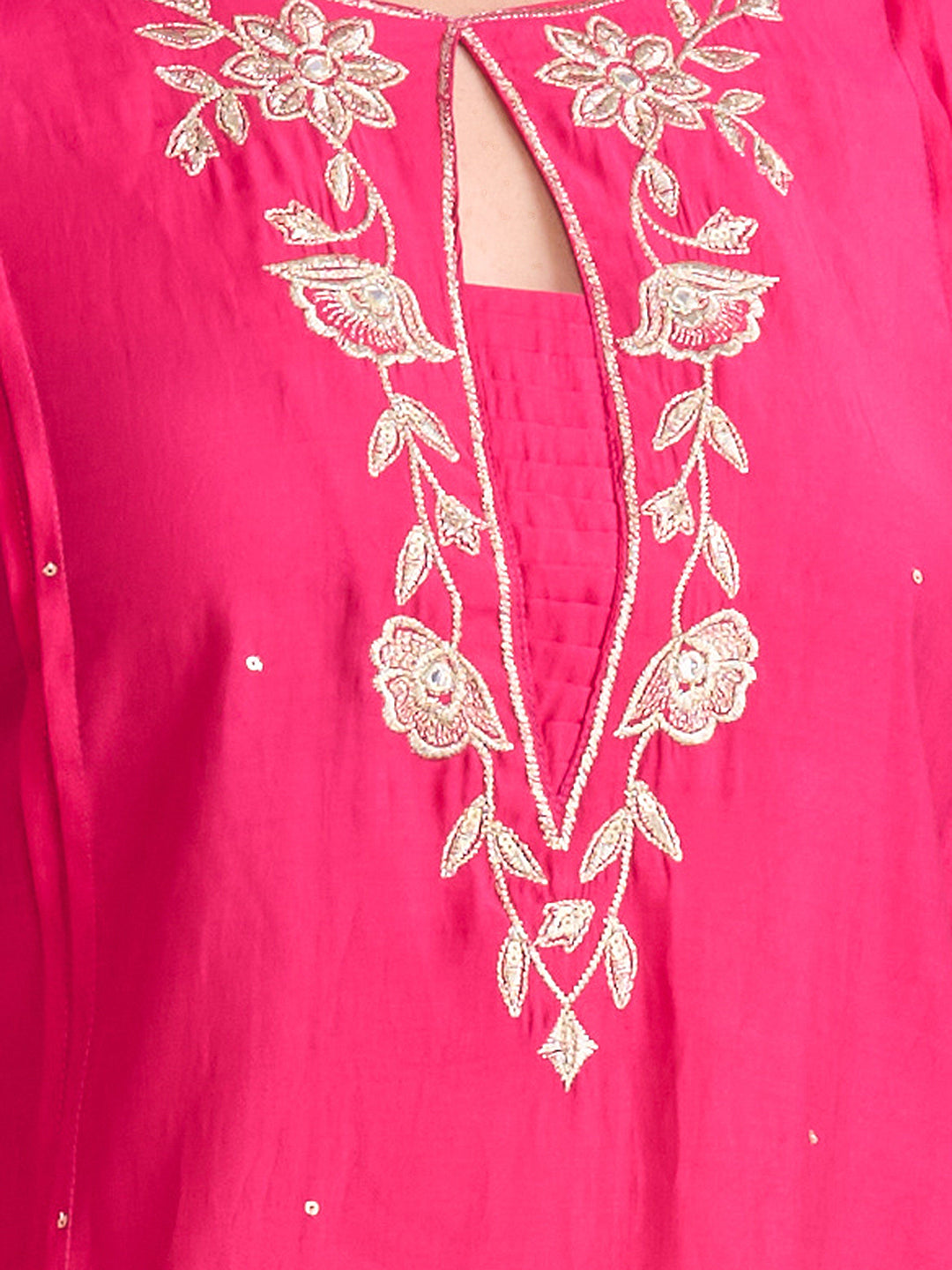 Solid Ethnic Zari Embroidered Straight Fit Kurta with Pant - Pink