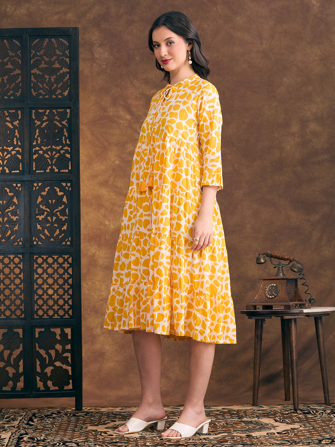 Abstract Printed A-Line Tiered Flared Midi Dress - Yellow