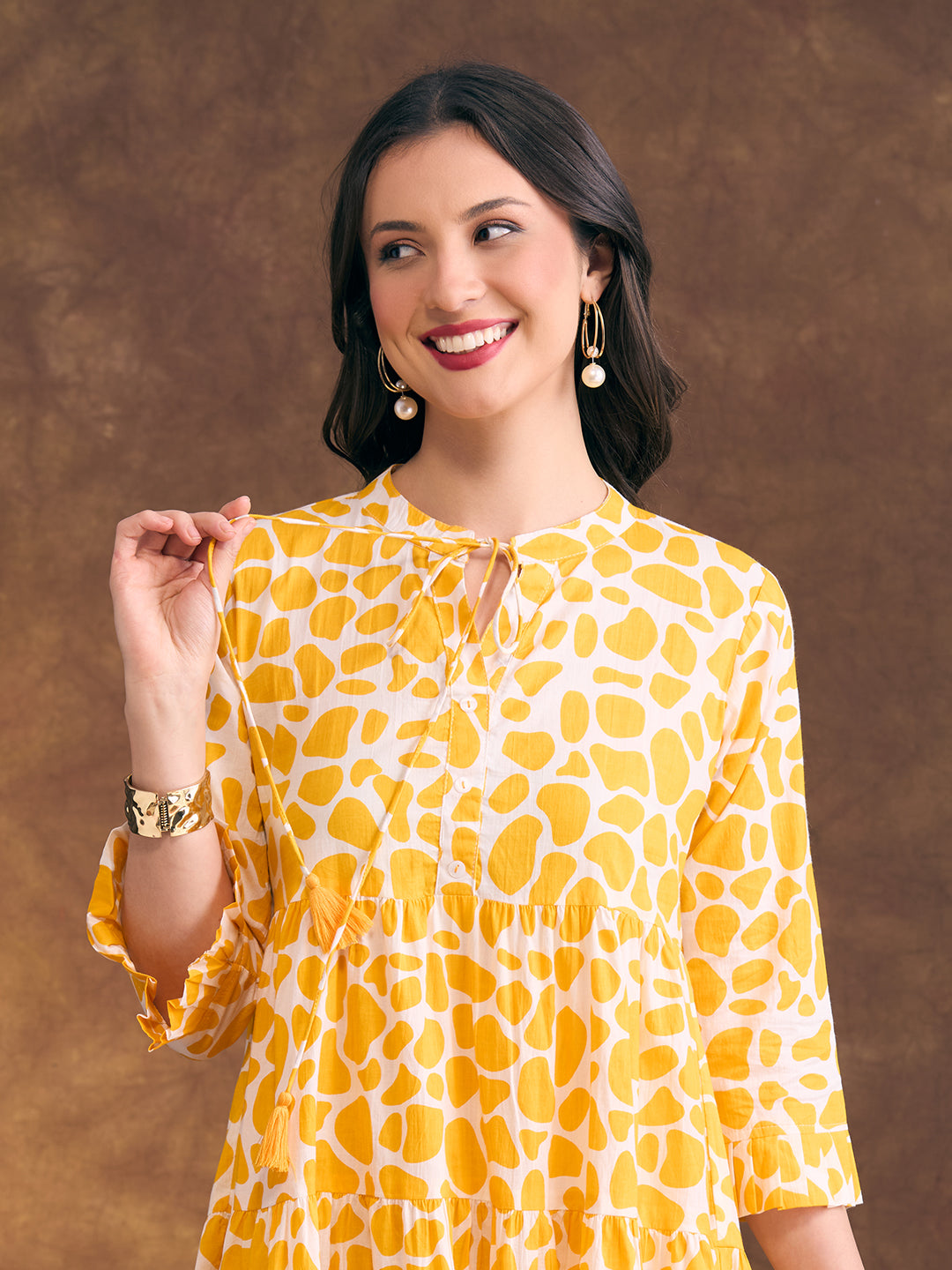 Abstract Printed A-Line Tiered Flared Midi Dress - Yellow