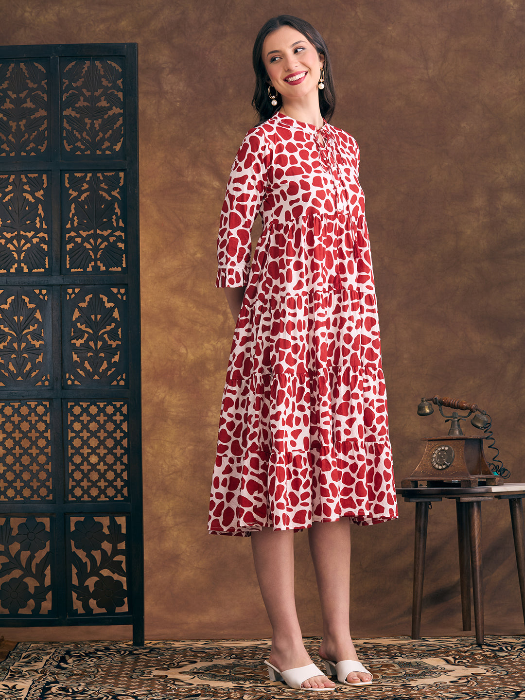 Abstract Printed A-Line Tiered Flared Midi Dress - Red