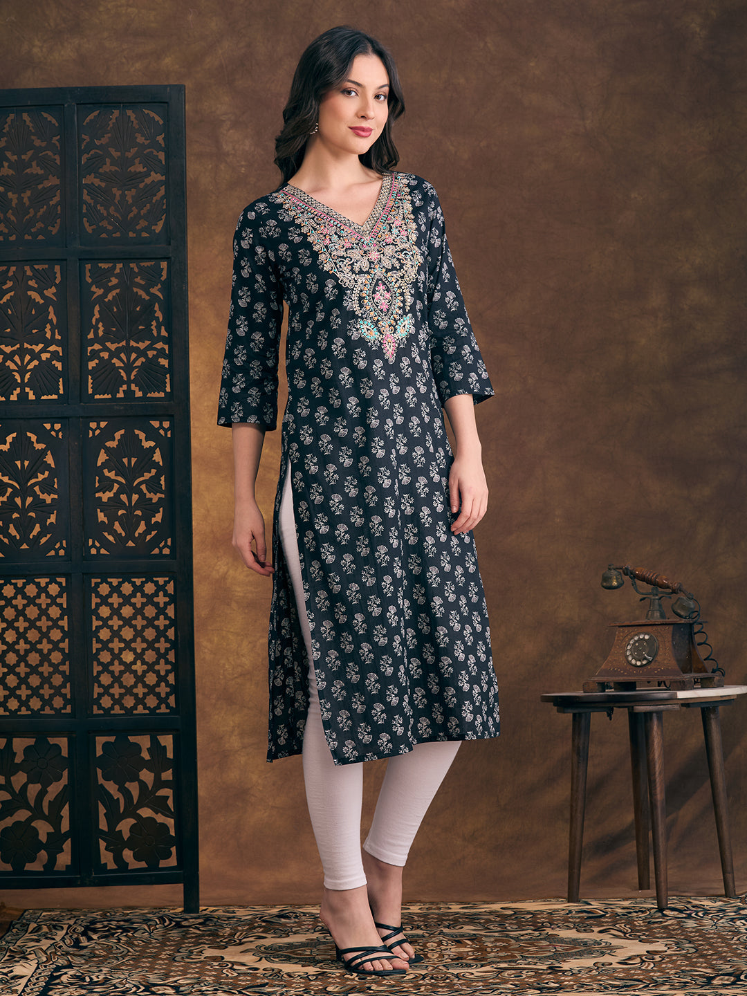 Ethnic & Floral Printed & Sequin Embroidered Straight Fit Kurta - Black