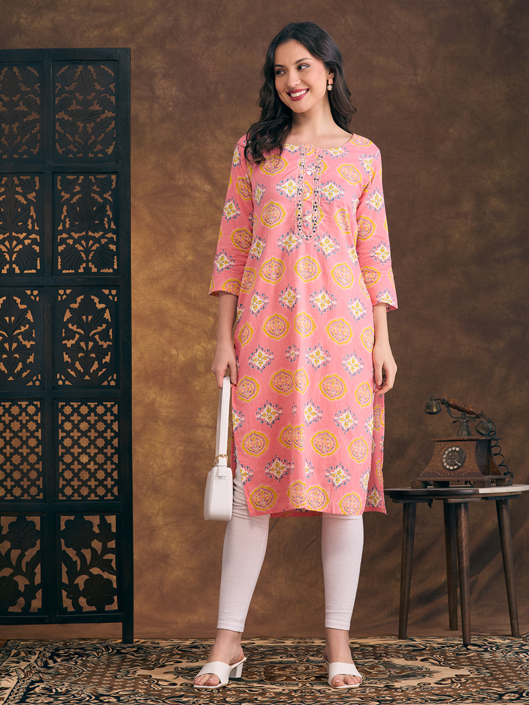 Floral Printed & Mirror Embroidered Straight Fit Kurta - Pink