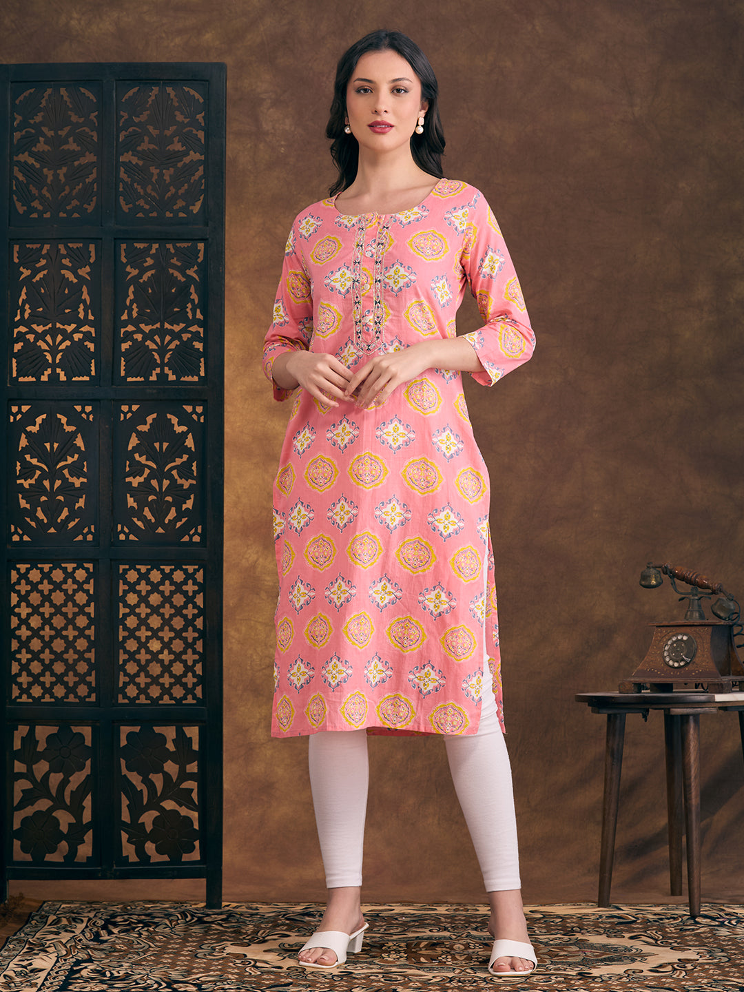 Floral Printed & Mirror Embroidered Straight Fit Kurta - Pink