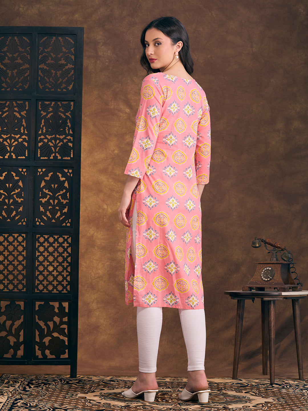 Floral Printed & Mirror Embroidered Straight Fit Kurta - Pink