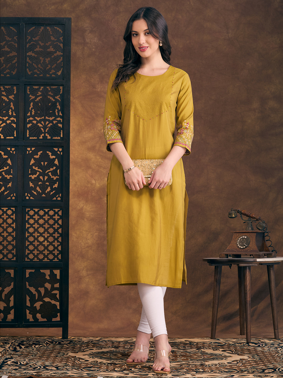Solid Floral Embroidered Straight Fit Kurta - Mustard