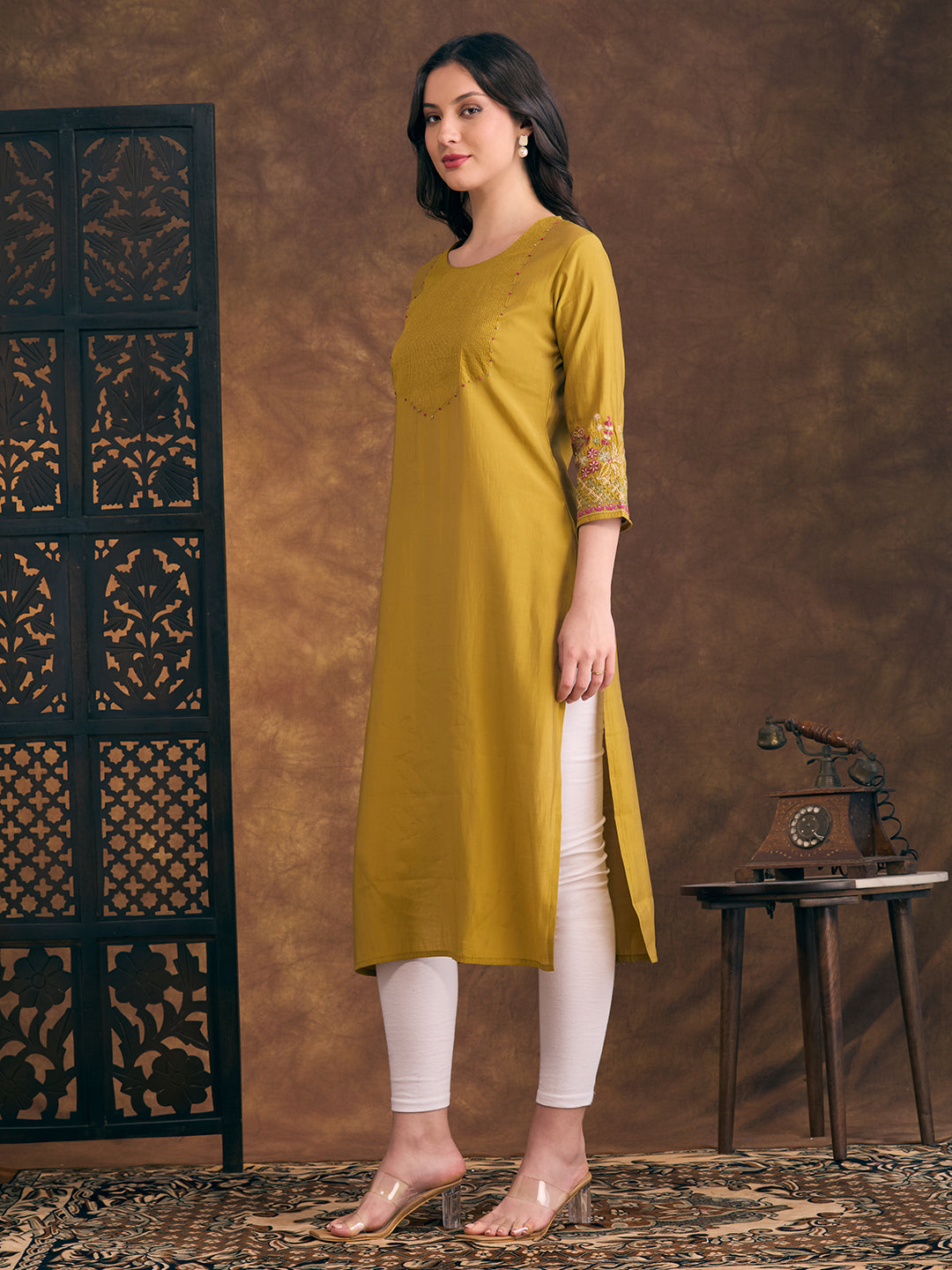 Solid Floral Embroidered Straight Fit Kurta - Mustard