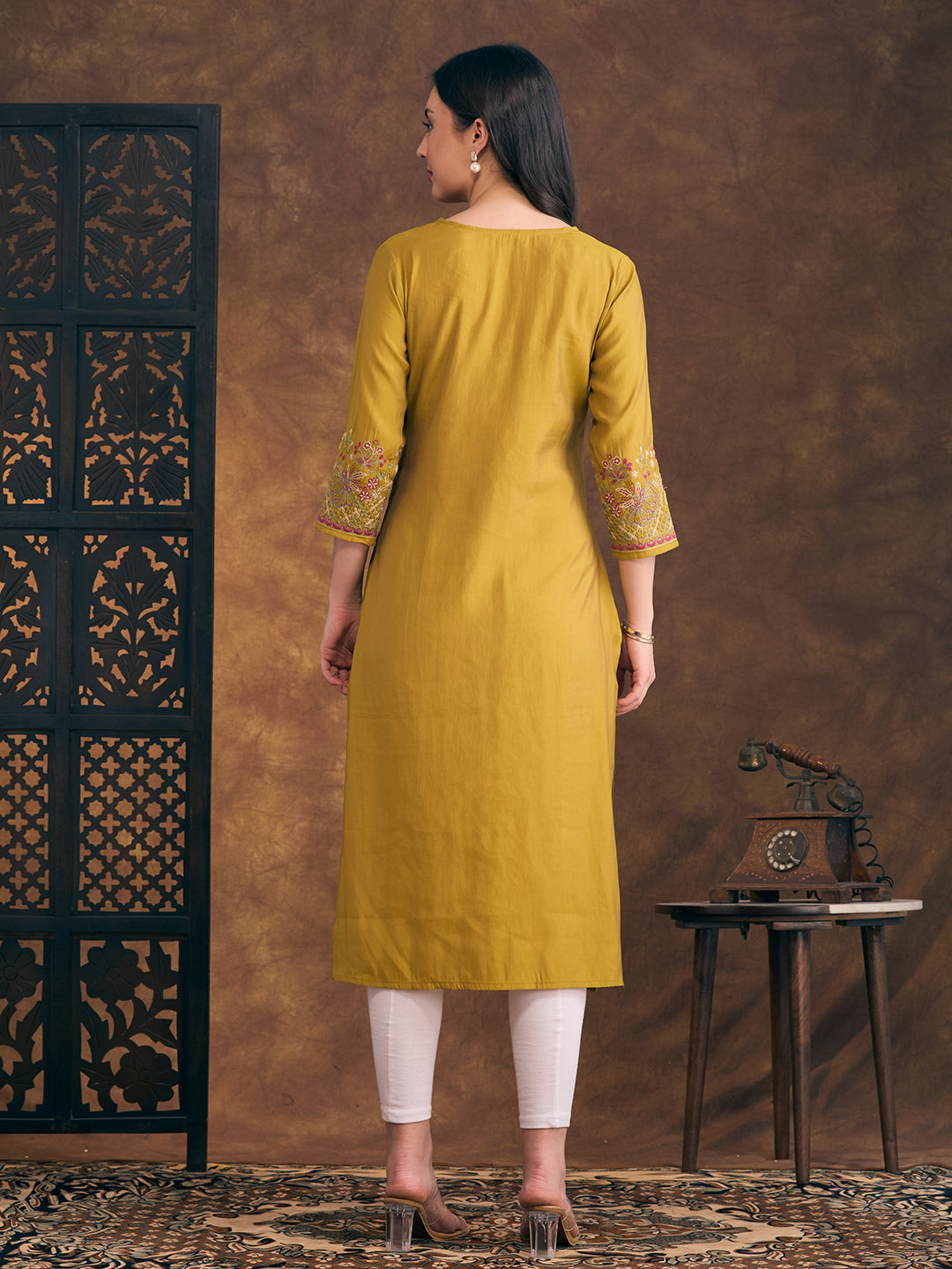 Solid Floral Embroidered Straight Fit Kurta - Mustard
