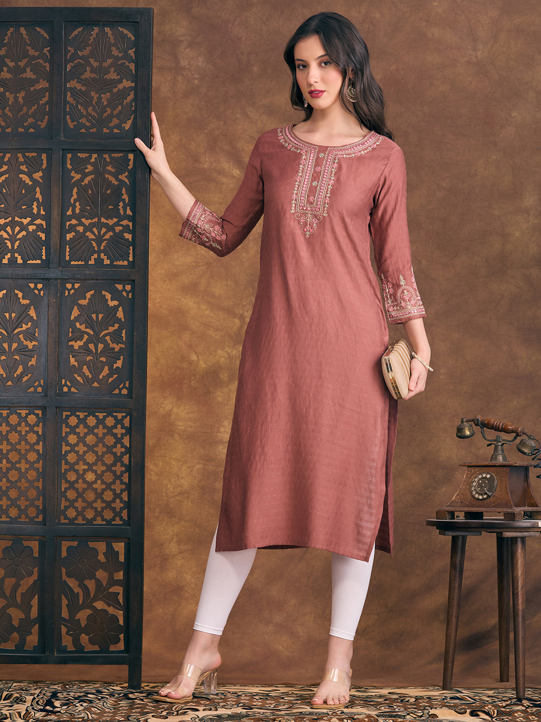Solid Floral Embroidered Straight Fit Kurta - Rust