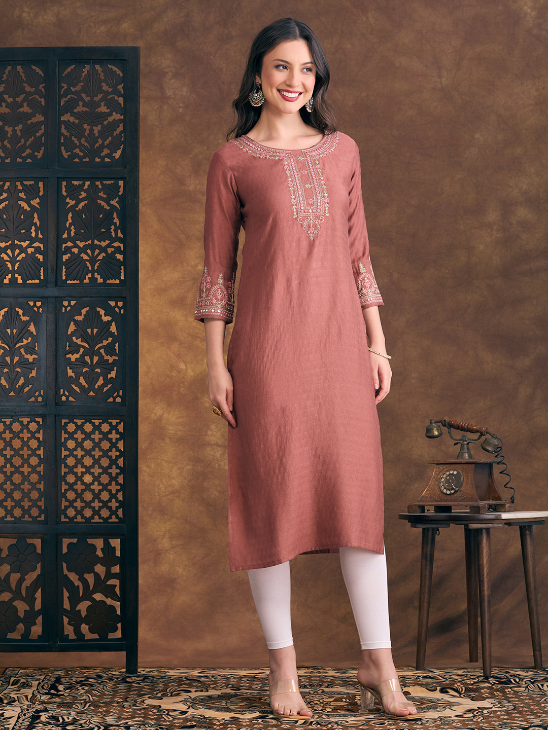 Solid Floral Embroidered Straight Fit Kurta - Rust