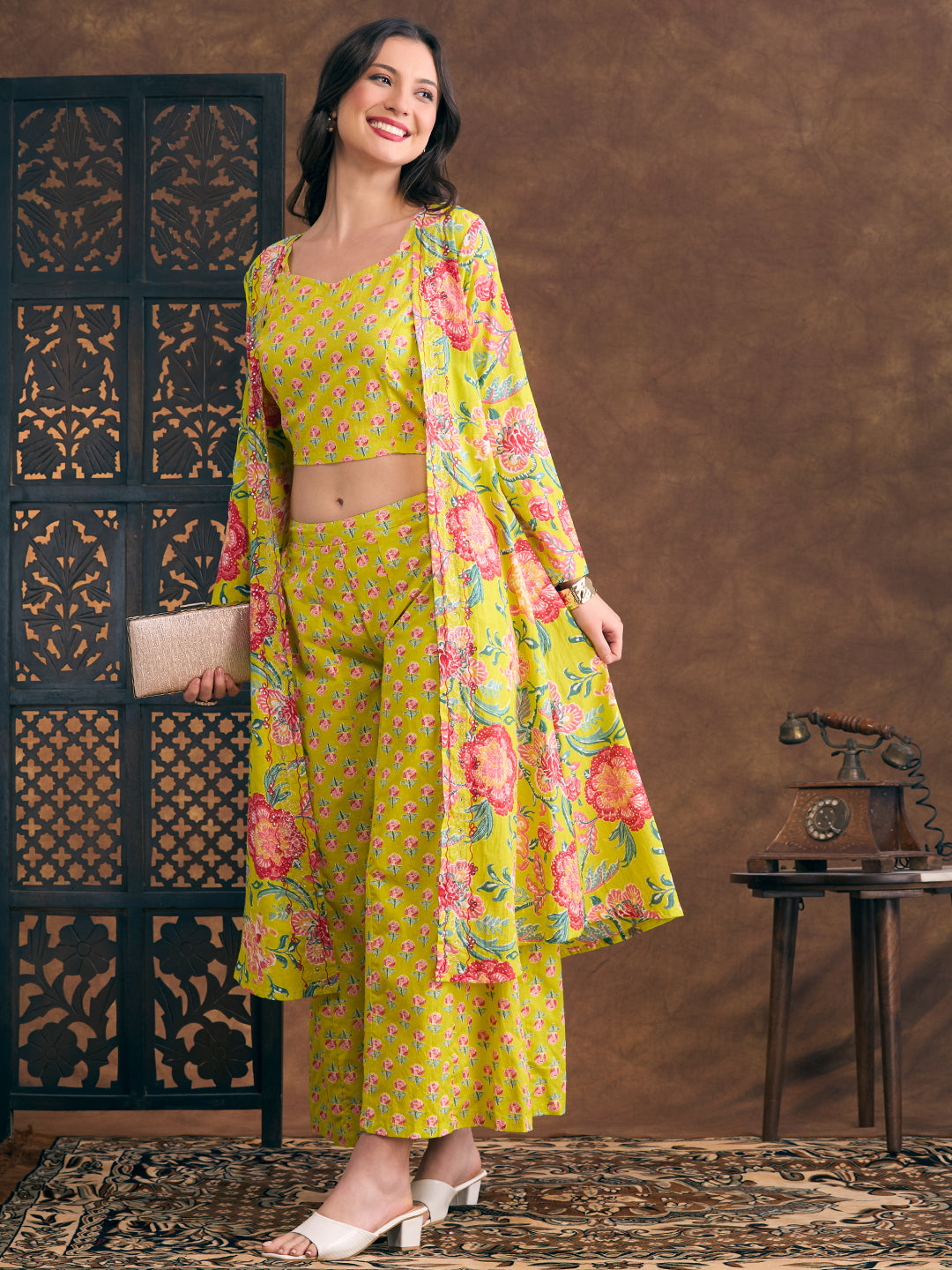 Ethnic Floral Printed Crop Top with Embroidered Printed Long Jacket and Flared Palazzo - Lime Green