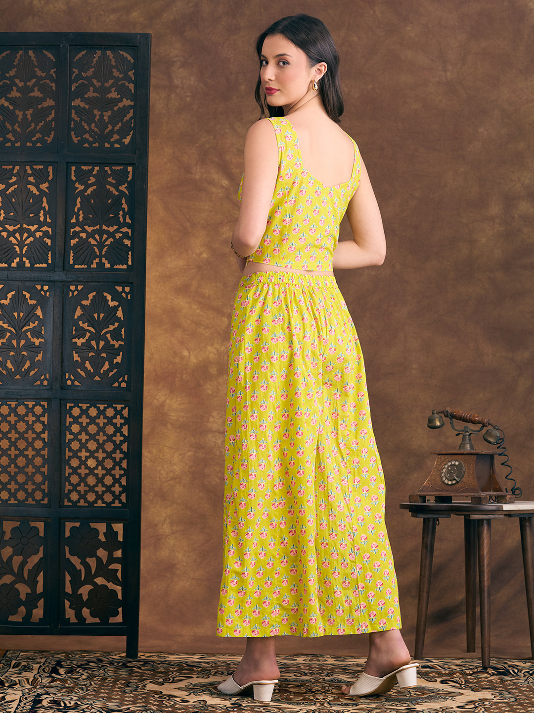 Ethnic Floral Printed Crop Top with Embroidered Printed Long Jacket and Flared Palazzo - Lime Green