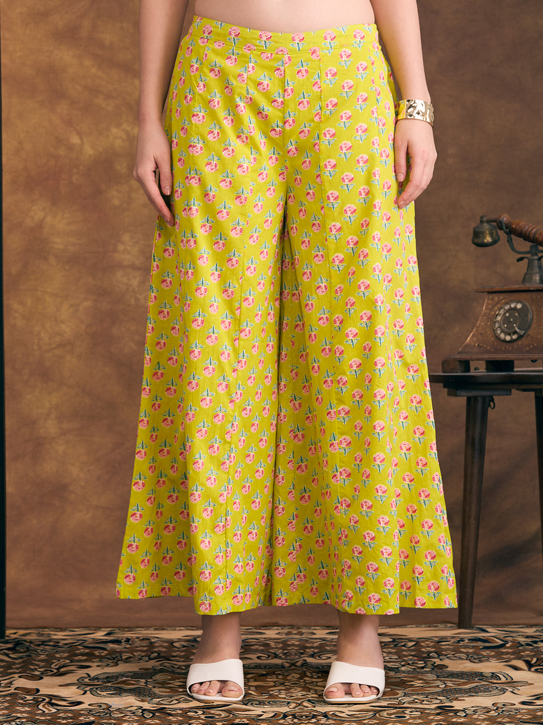 Ethnic Floral Printed Crop Top with Embroidered Printed Long Jacket and Flared Palazzo - Lime Green