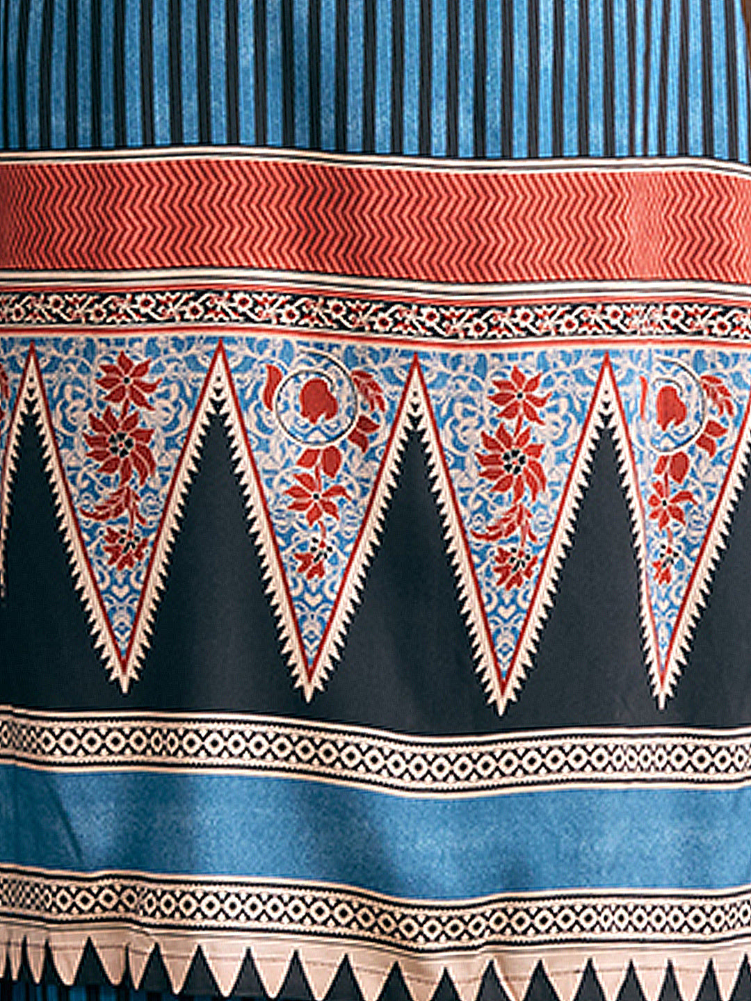 Ethnic Floral & Stripes Printed Straight Fit Kurta with Palazzo - Teal