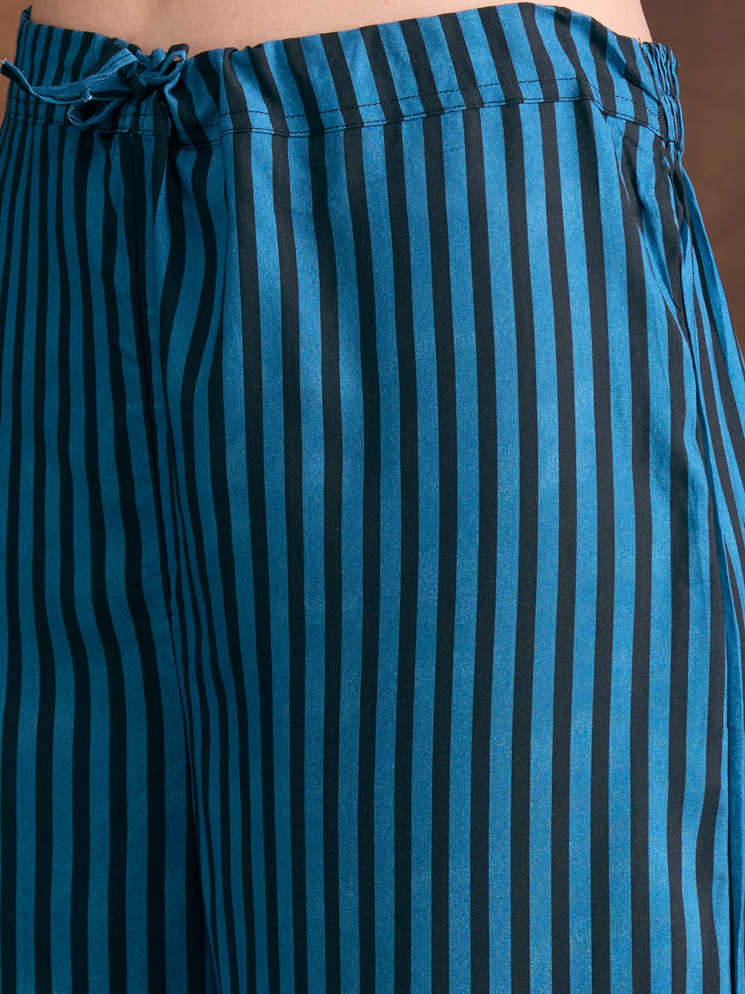 Ethnic Floral & Stripes Printed Straight Fit Kurta with Palazzo - Teal